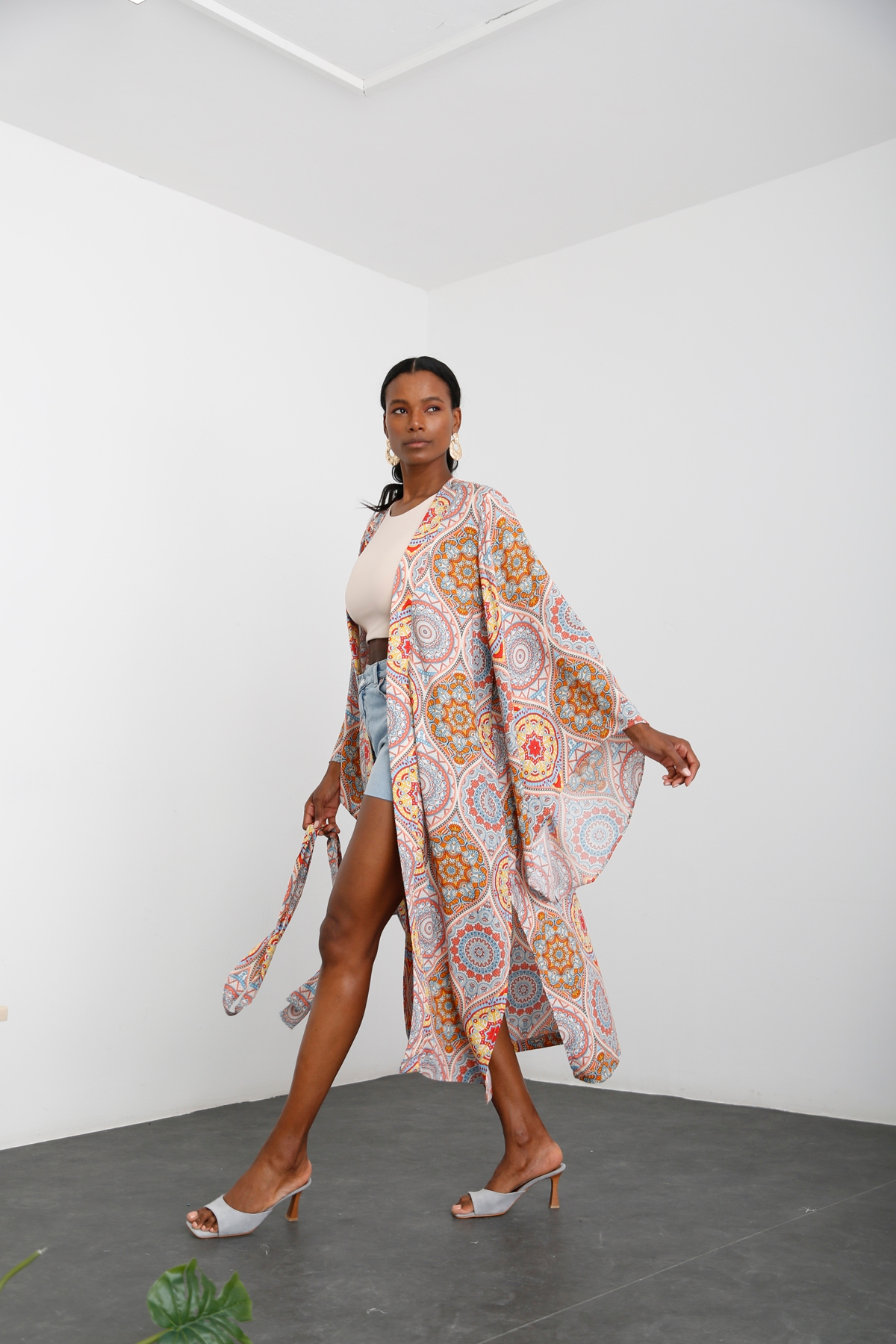Oranj Etnik Desen Kuşaklı Kimono 54117