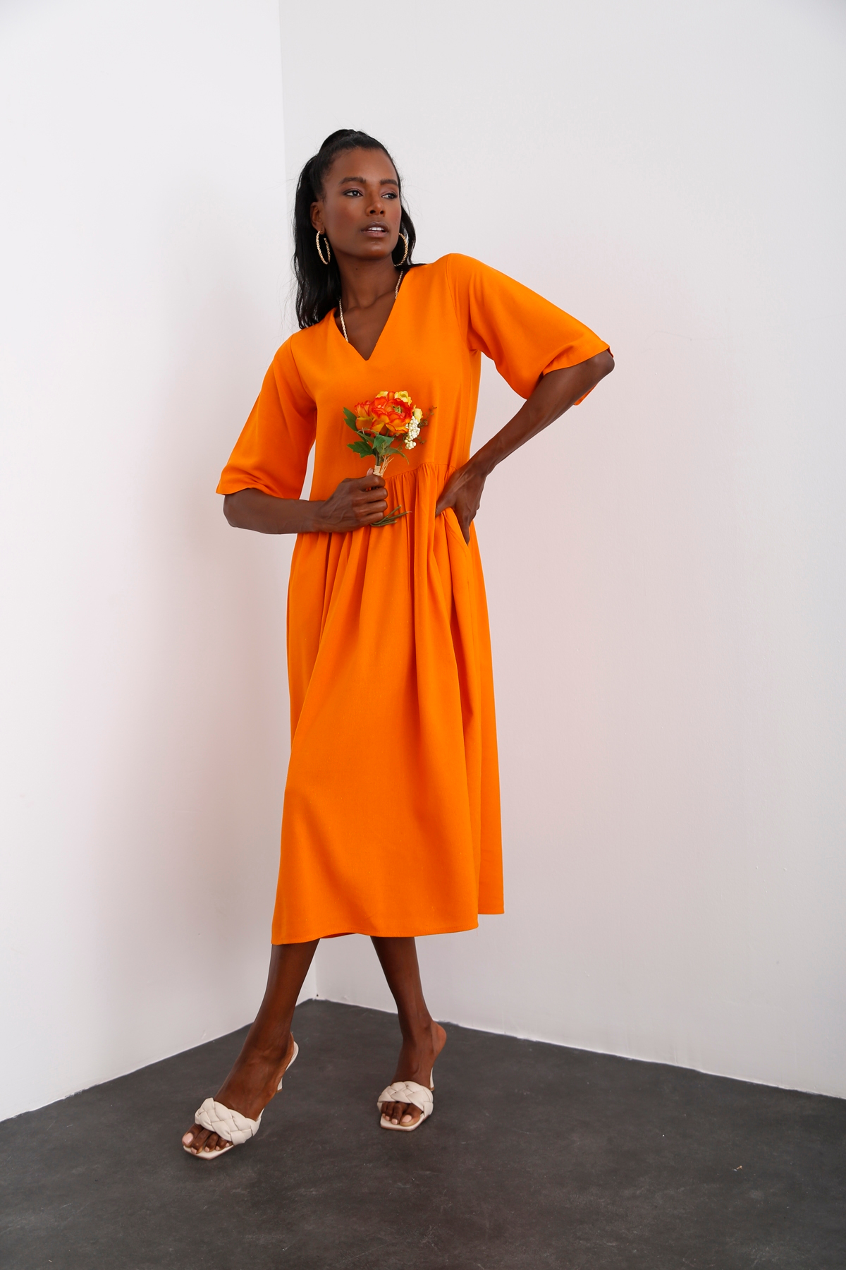 Oranj V Yaka Cepli Elbise 10077