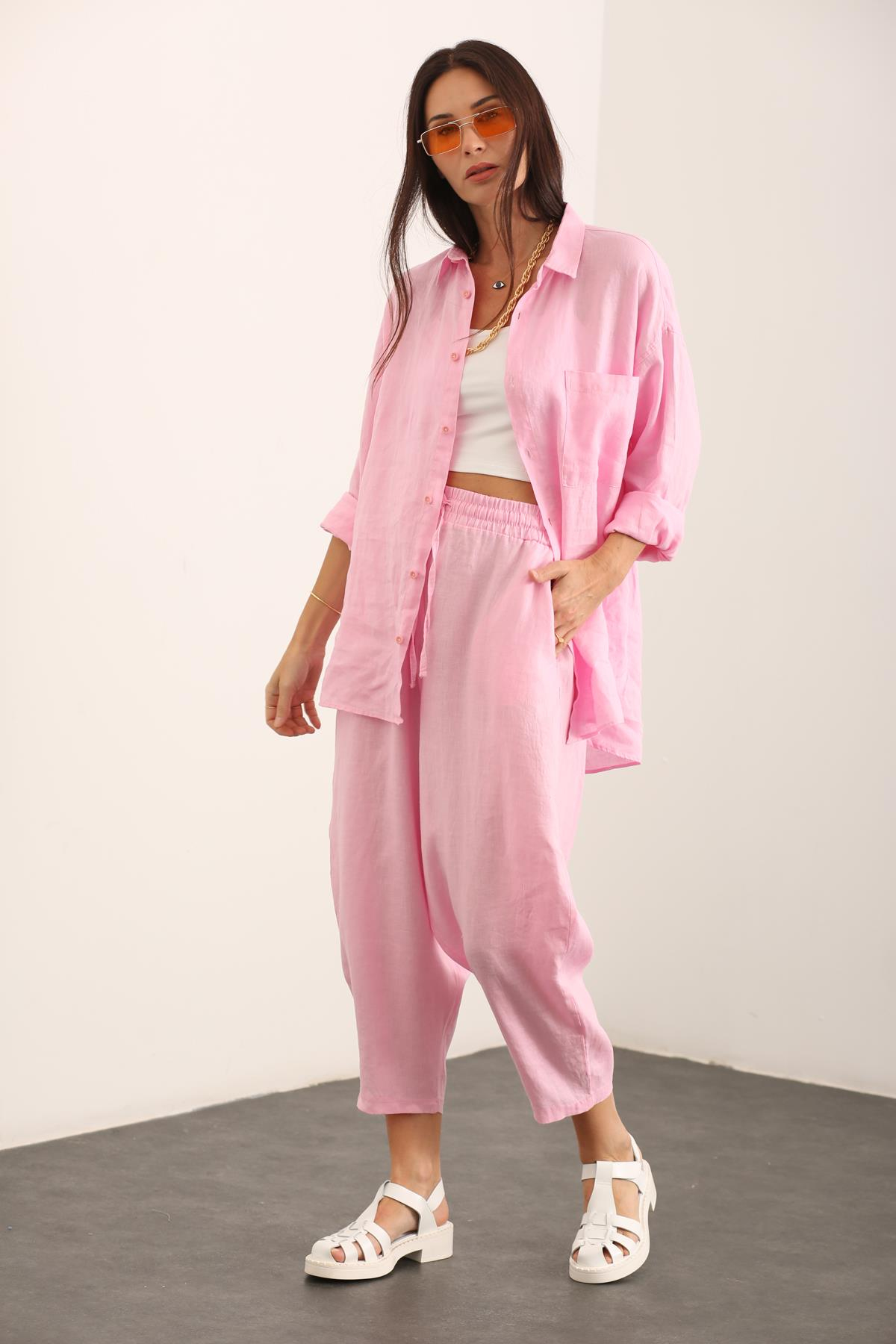 Pembe Beli Lastikli Keten Pantolon 