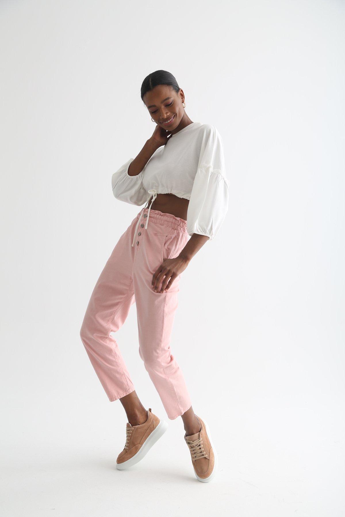 Pembe Beli Lastikli Keten Pantolon 