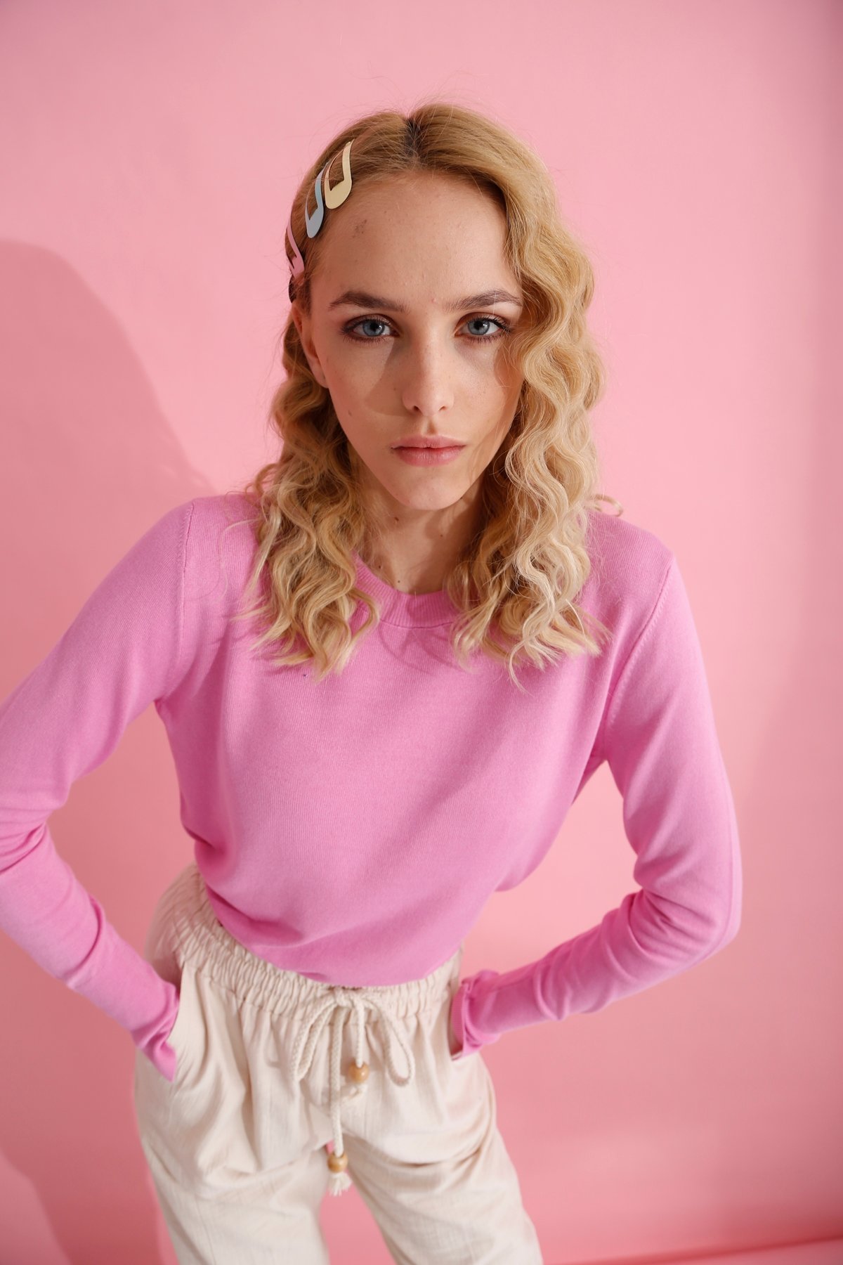 Pembe Bisiklet Yaka İnce Triko 3316