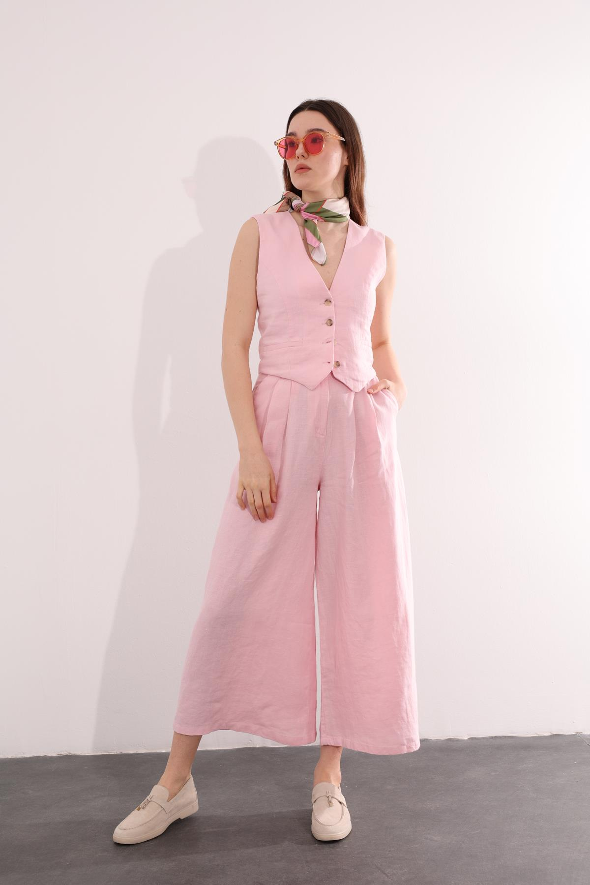 Pembe Bol Paça Keten Pantolon 1563