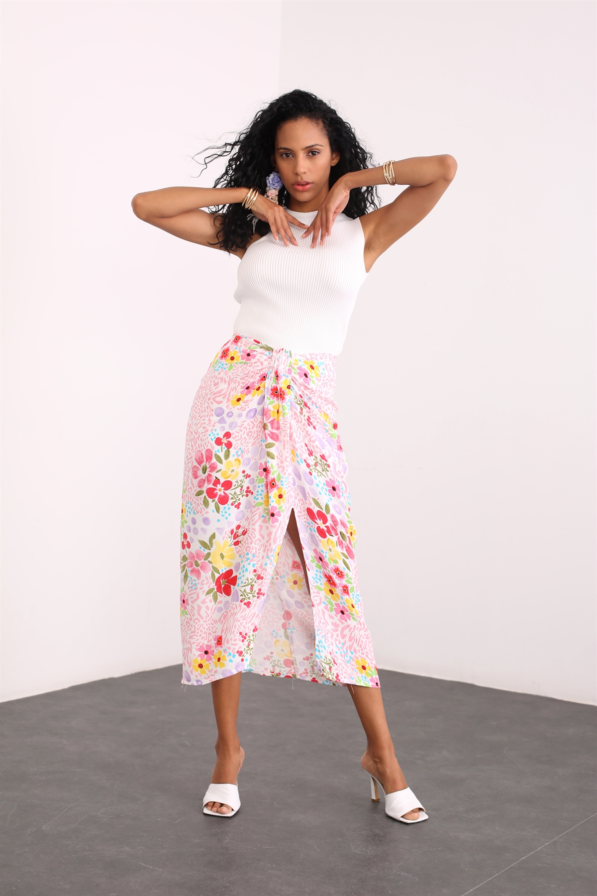 Pembe Çiçekli Midi Etek 13379