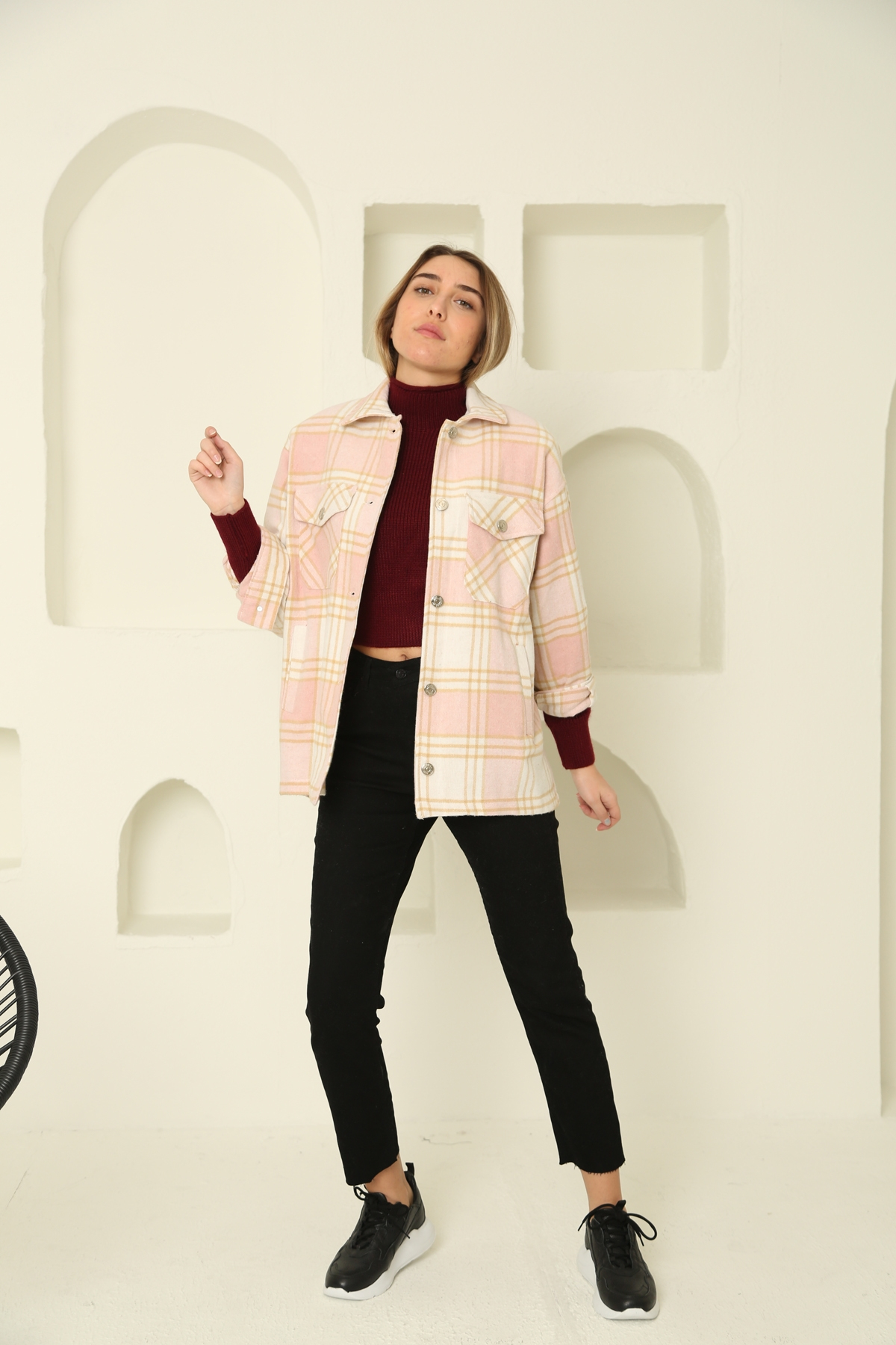 Pembe Çift Cep Ekose Gömlek Ceket 6055