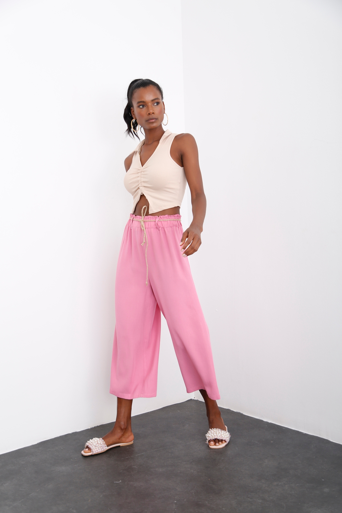 Pembe Geniş Paça Keten Pantolon 50146