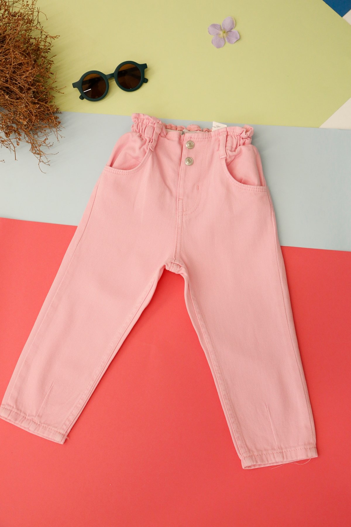 Pembe Kız Beli Lastikli Yumuşak Jean 