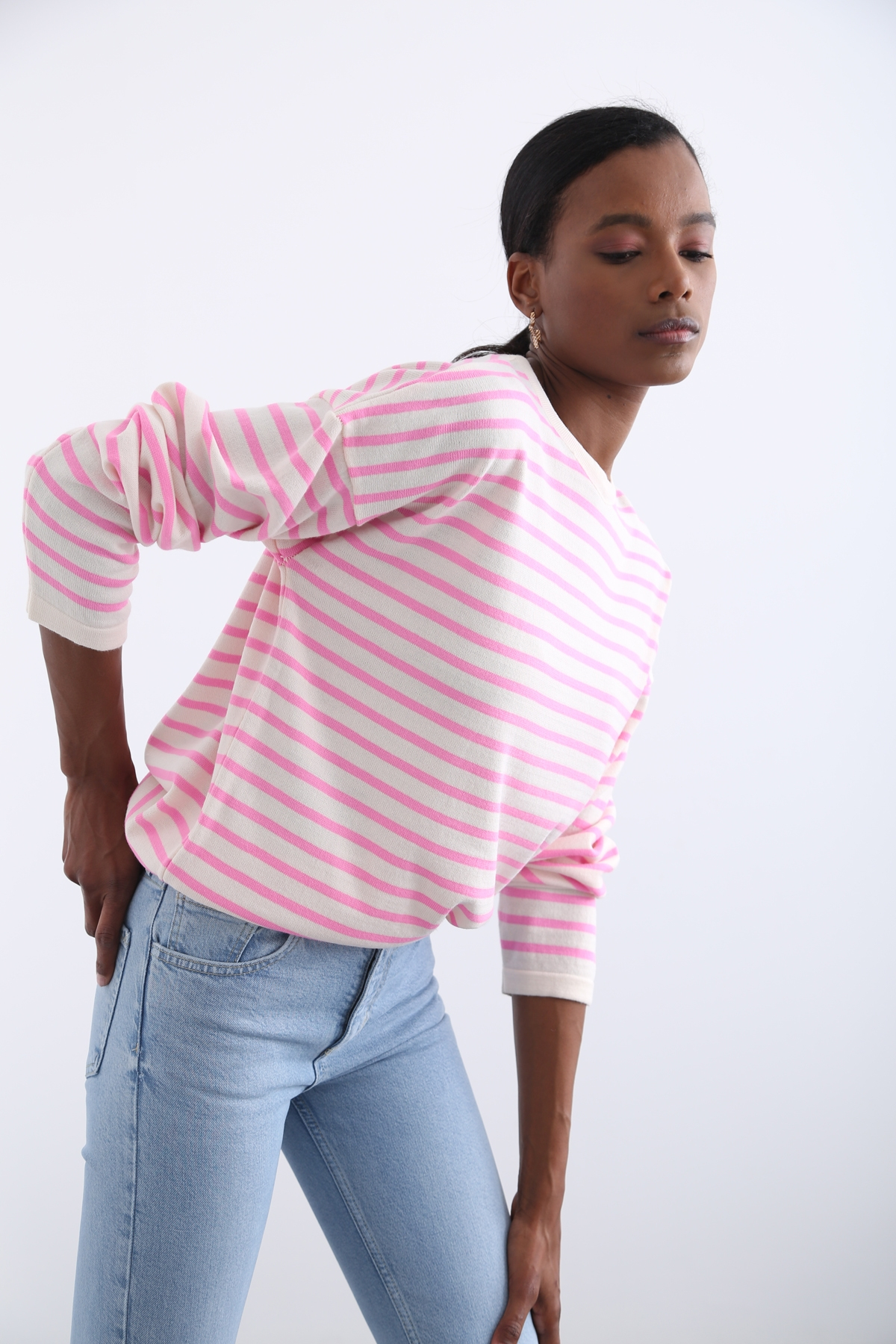 Pembe Oversize Çizgili Triko 13034