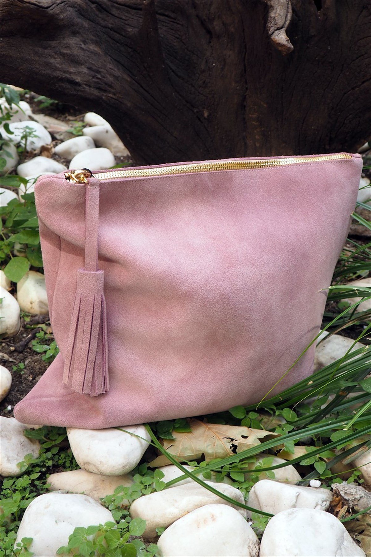 Pembe Pembe Süet Deri Clutch