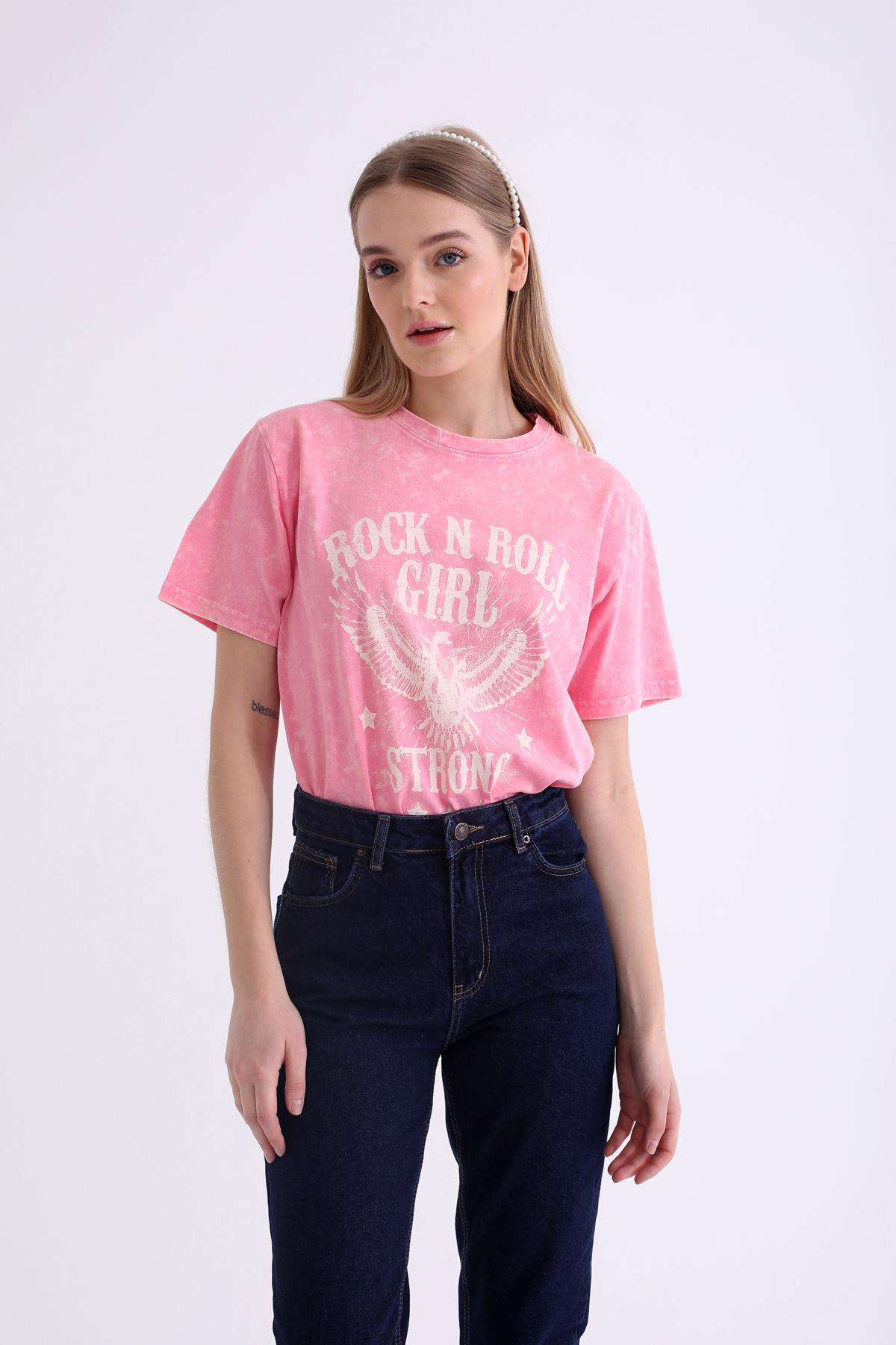 Pembe Rock Baskılı Tshirt 14155