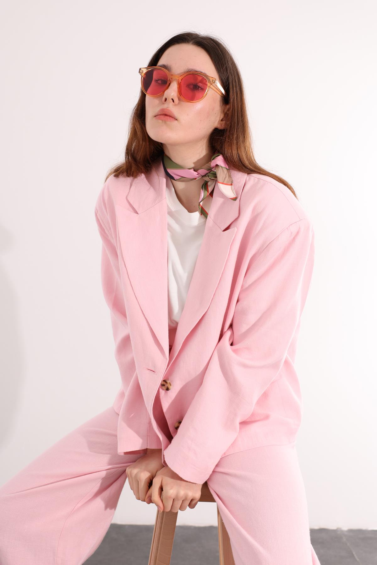 Pembe Vatkalı Keten Ceket 7046