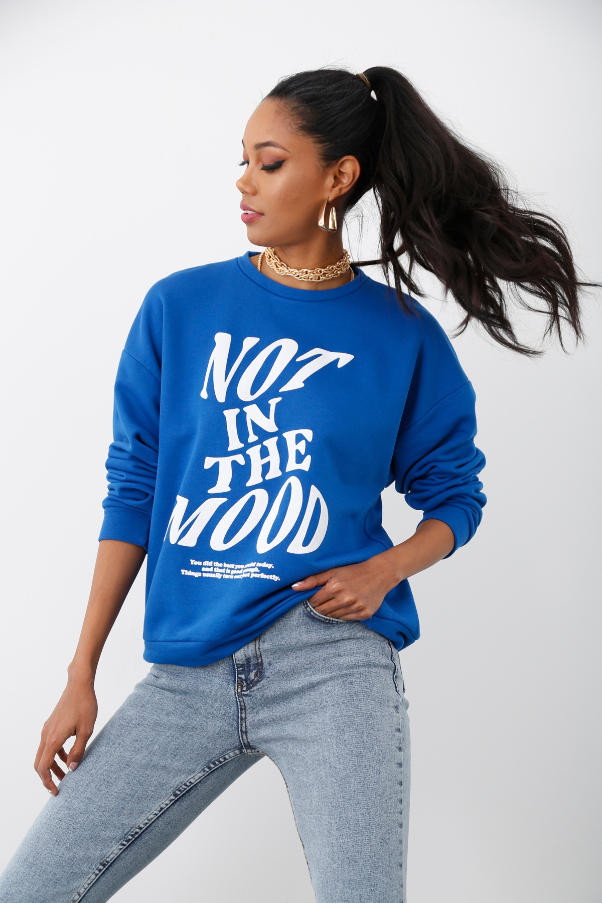 Saks Bisiklet Yaka Baskılı Sweatshirt 17625
