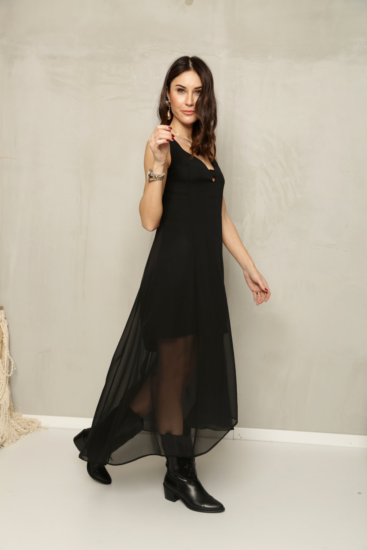 Siyah Askılı Şifon Elbise 110061