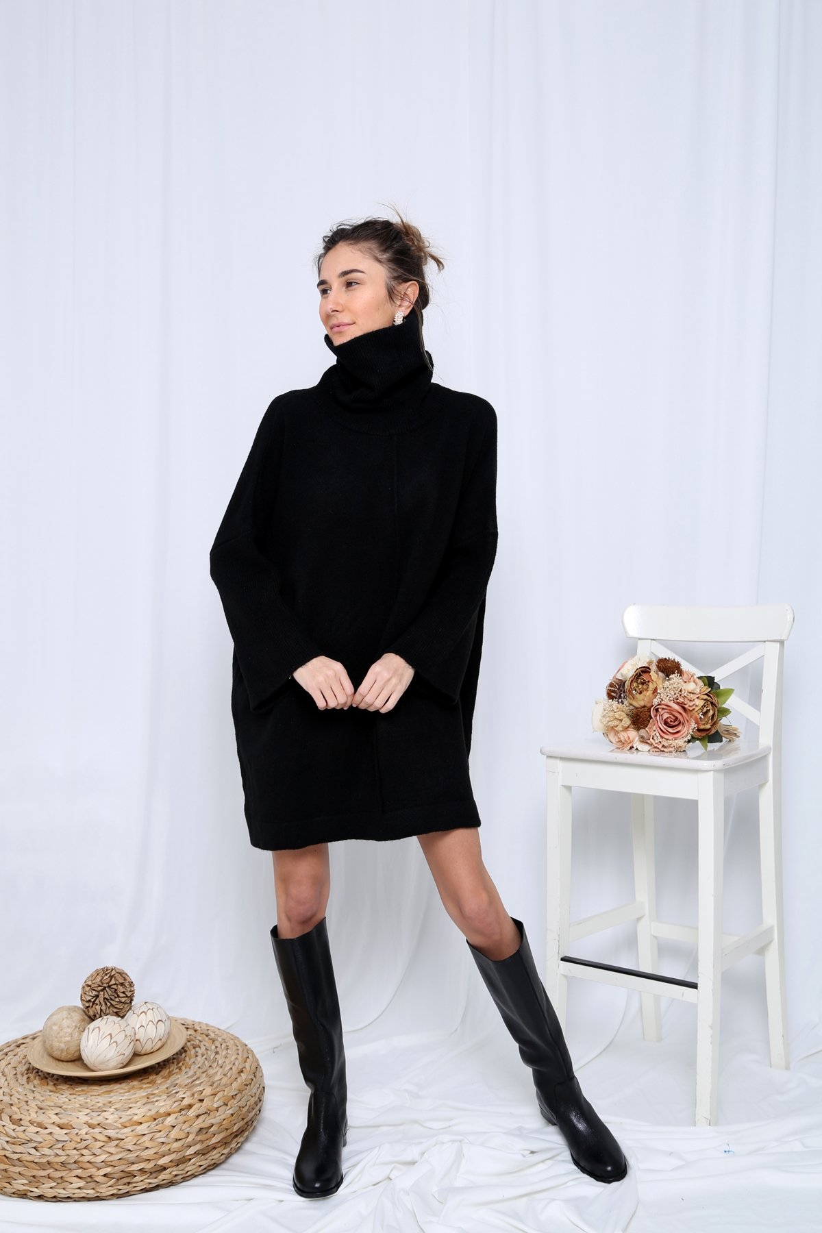 Siyah Balıkçı Oversize Tunik Elbise