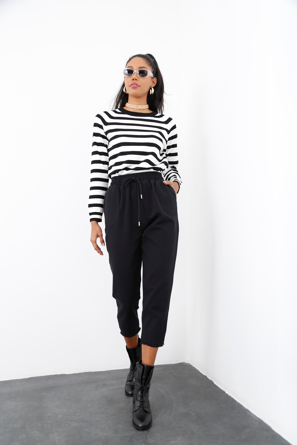 Siyah Beli Lastikli Gabardin Pantolon 0024