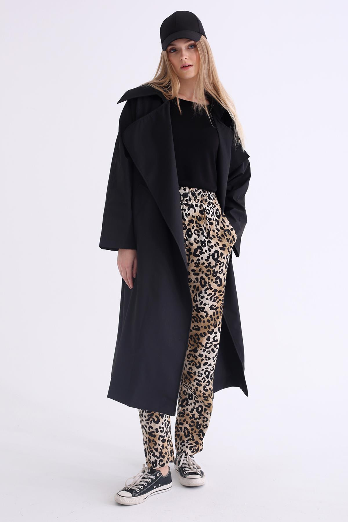 Siyah Beli Lastikli Leopar Havuç Pantolon 40127