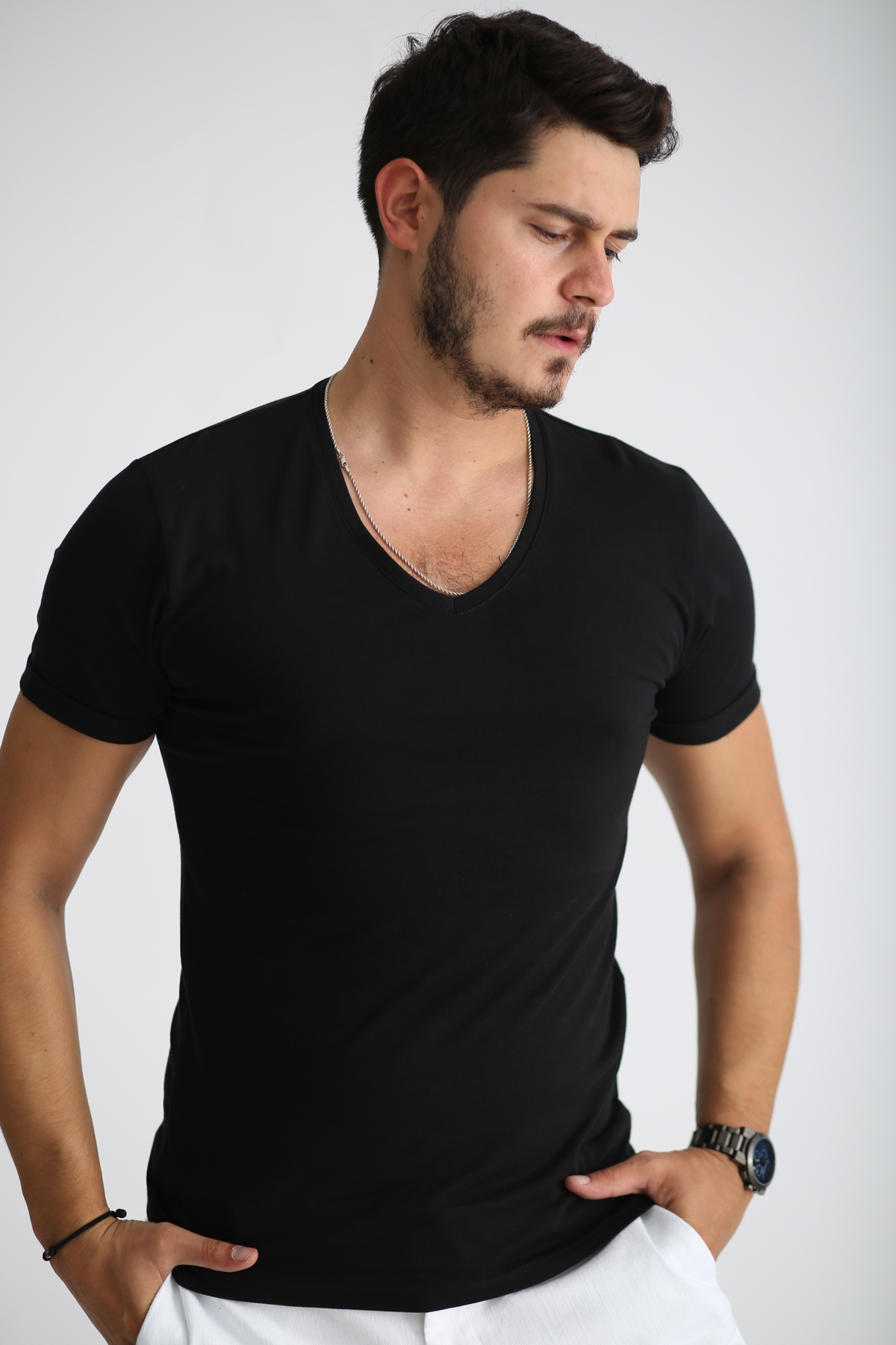 Siyah Erkek V Yaka Duble Kol Tshirt 