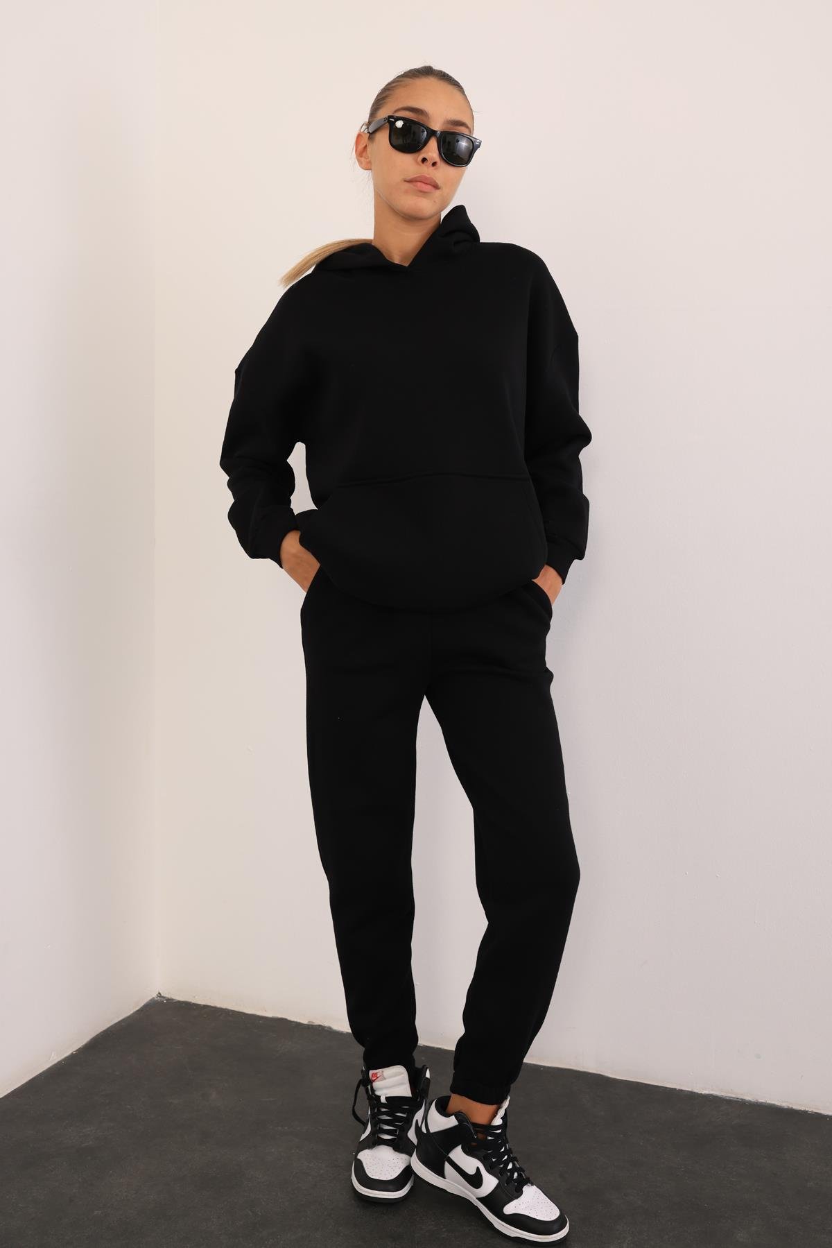 Siyah Kapüşonlu Sweatshirt Eşofman Takım 3828