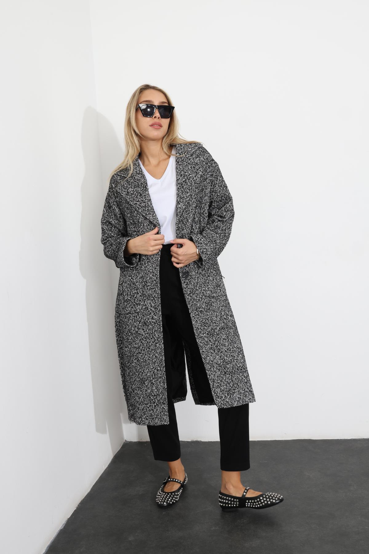 Siyah Kuşaklı Torba Cepli Maxi Boy Palto 99102