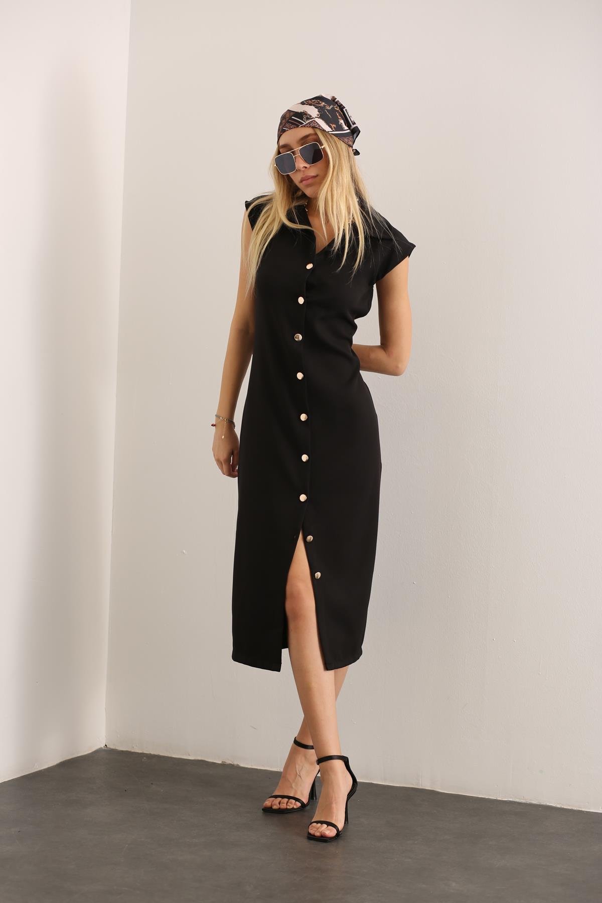 Siyah Maxi Boy Düğmeli Elbise 29664