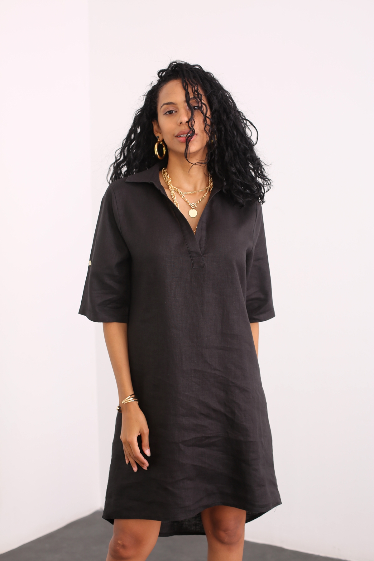 Siyah Polo Yaka Keten Elbise 4316