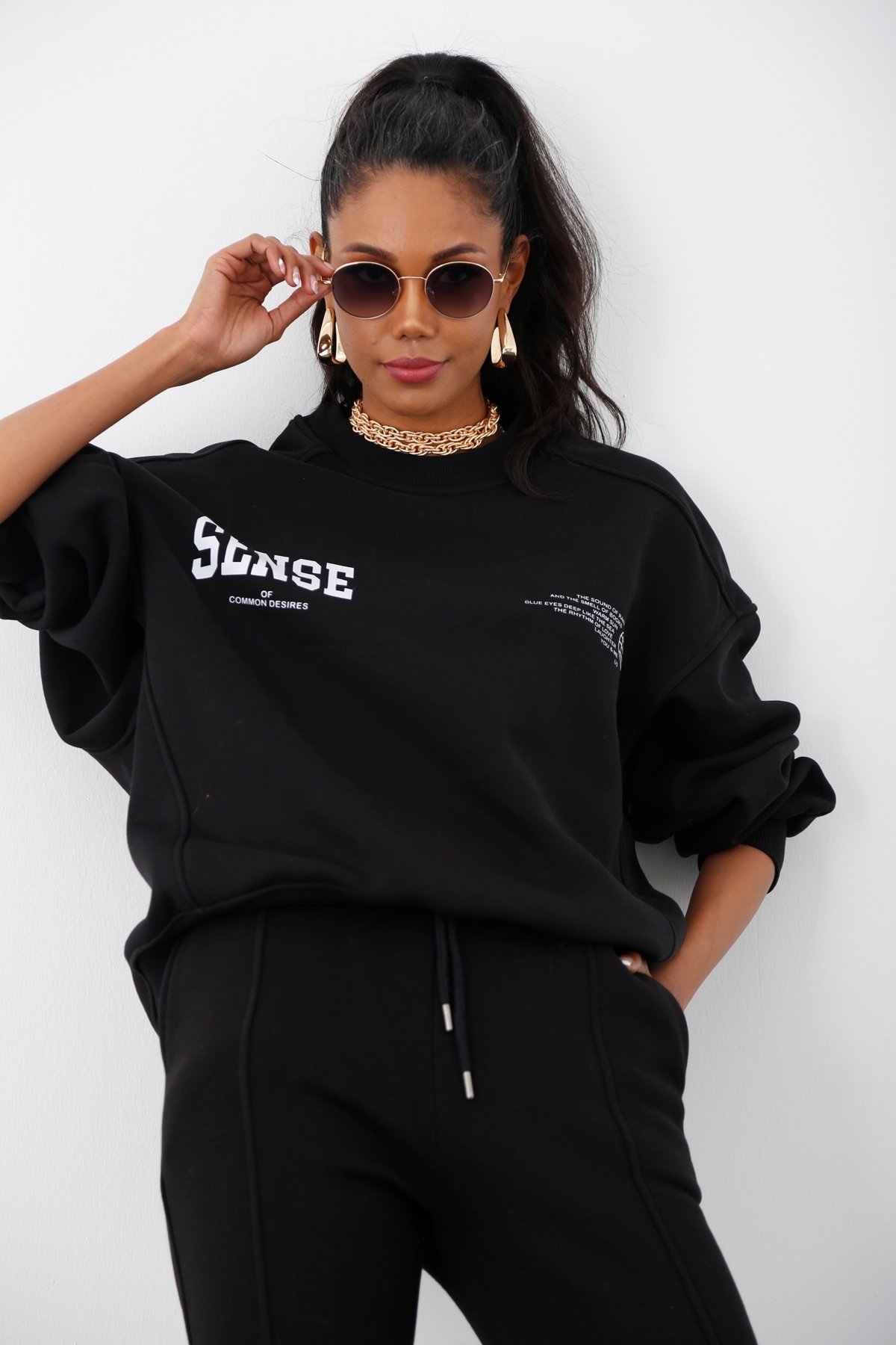 Siyah Sense Baskılı Şardonlu Sweatshirt 226