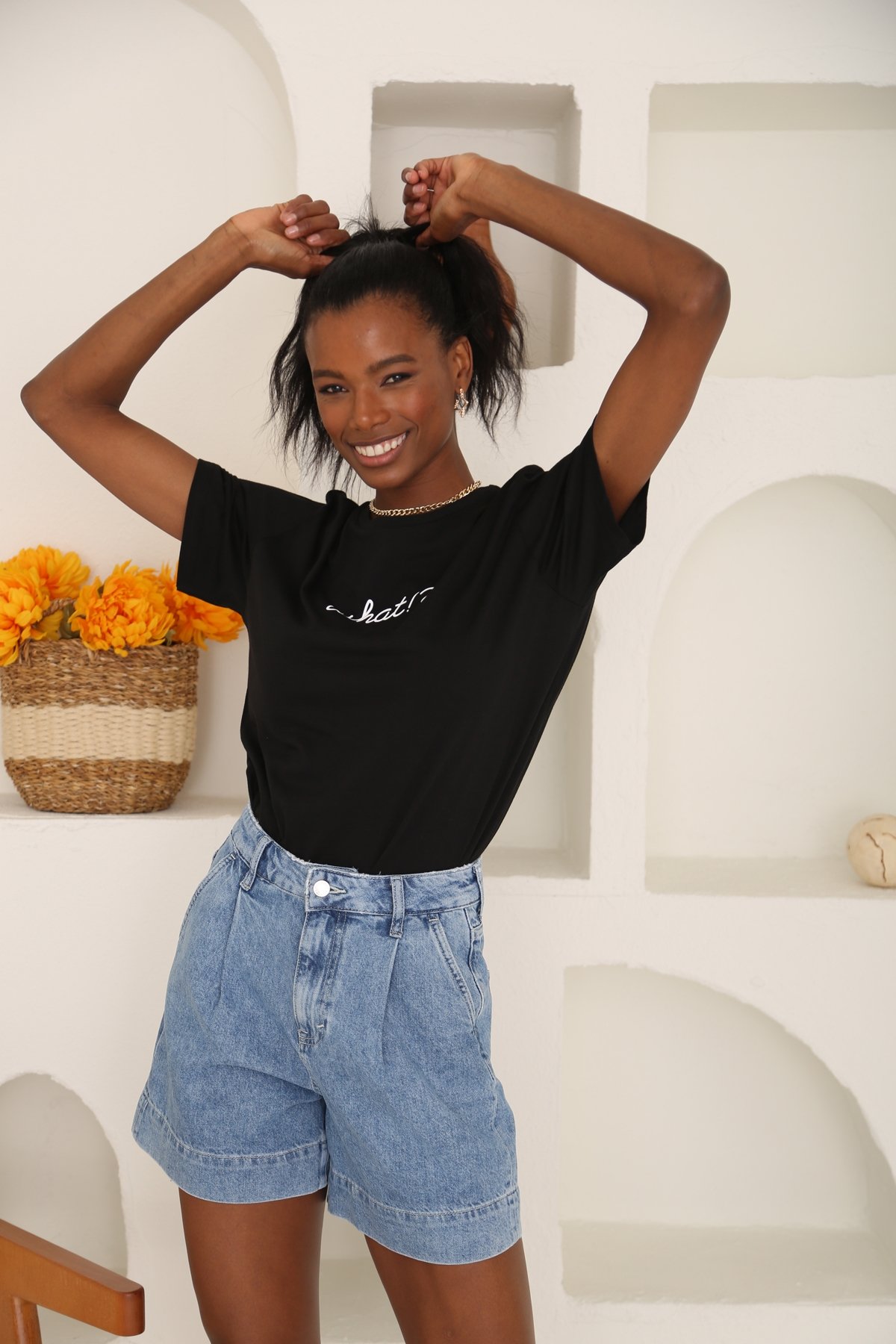 Siyah What Baskılı Tshirt 3658