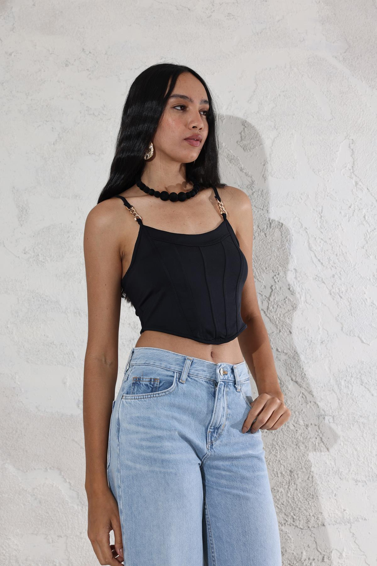 Siyah Zincir Askı Detaylı Crop 16156
