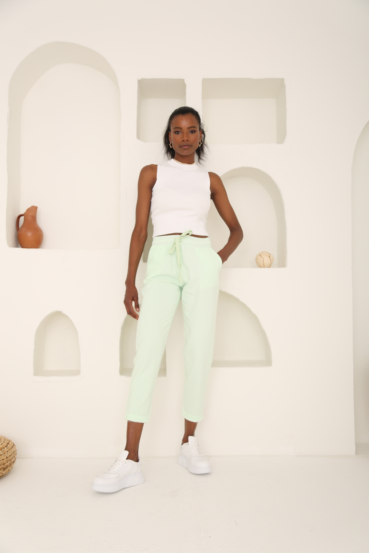 Su Yeşili Beli Lastikli Gabardin Pantolon 00104