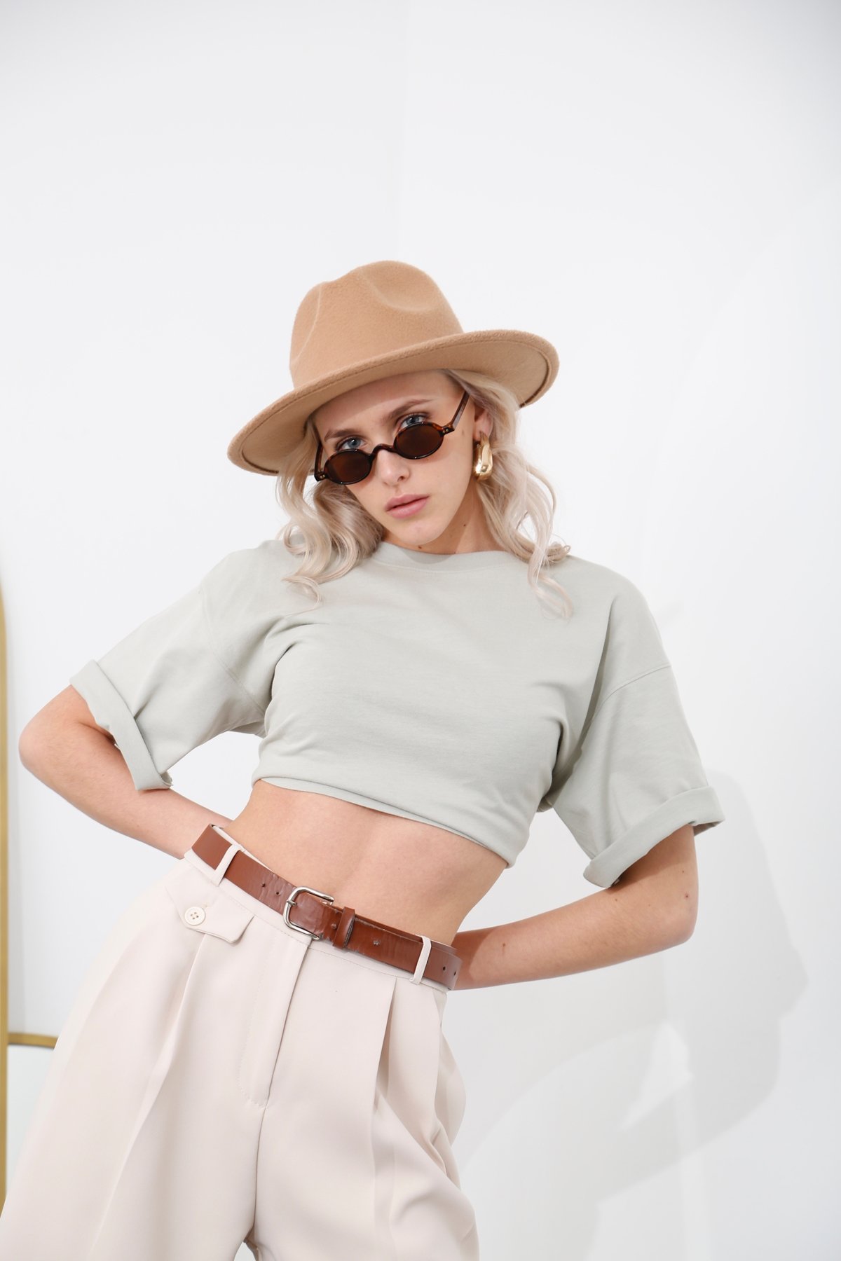 Su Yeşili Bisiklet Yaka Crop Tshirt 