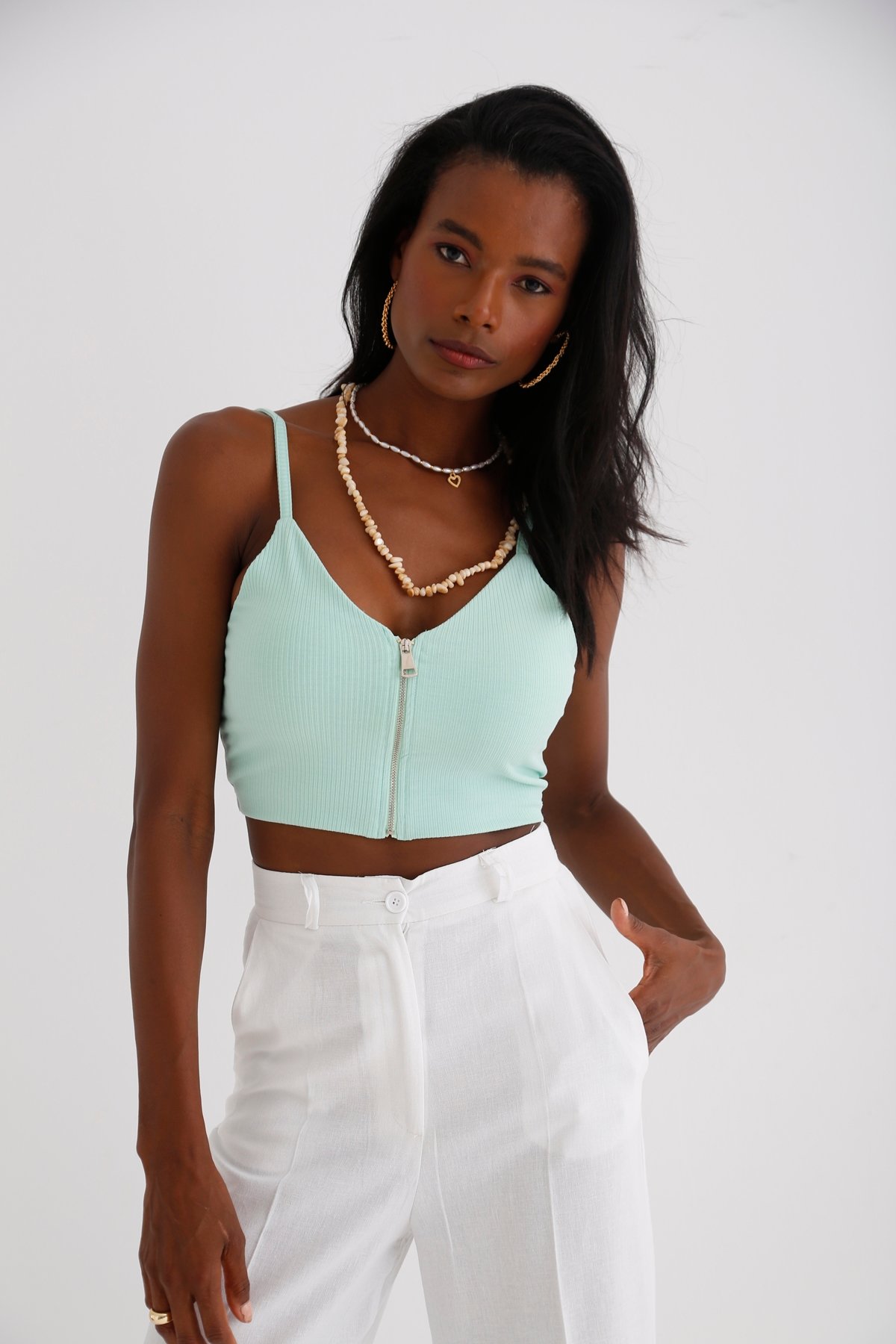 Su Yeşili Önü Fermuarlı Crop 3792