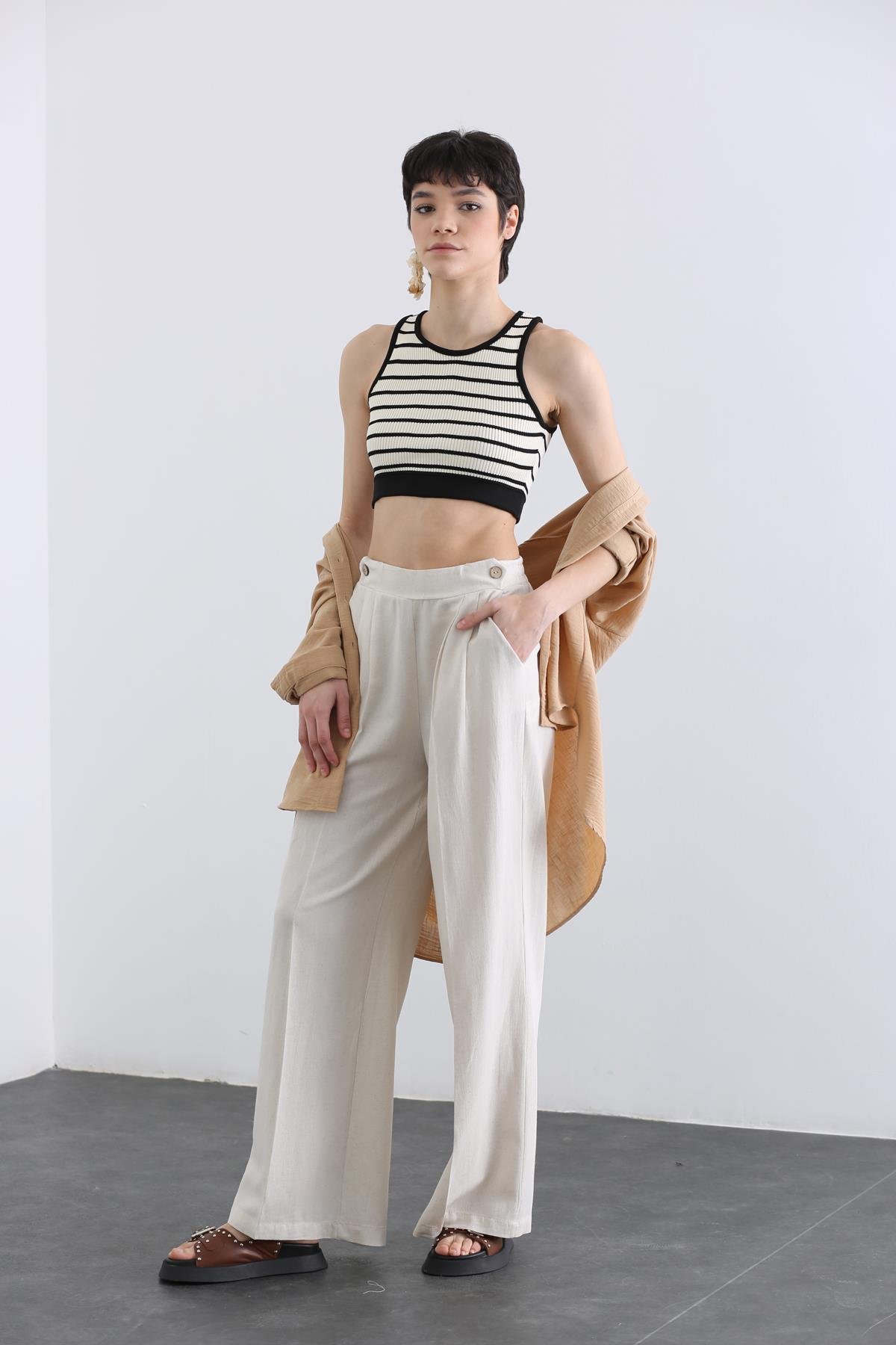 Taş Arka Beli Lastikli Bol Paça Pantolon 370024