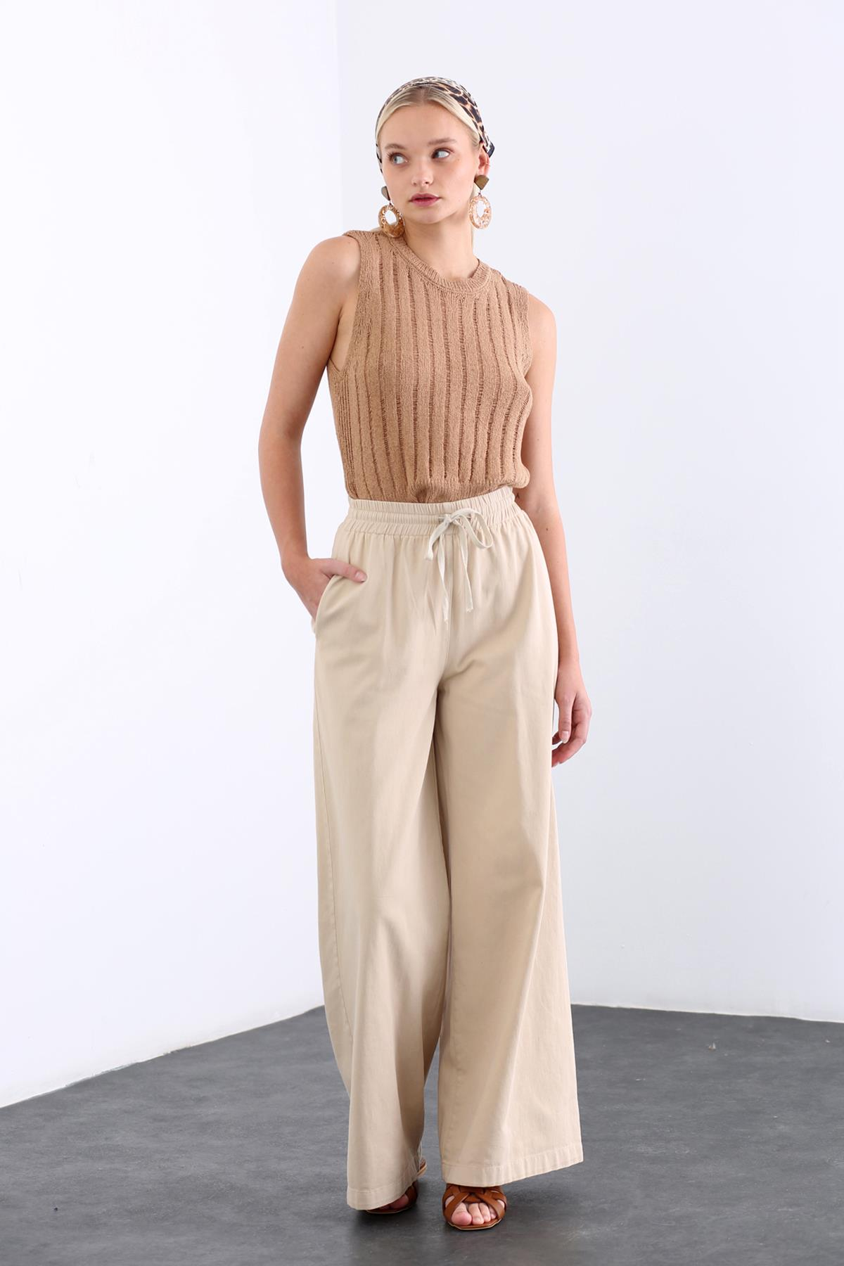 Taş Beli Lastikli Bol Paça Pantolon 2248