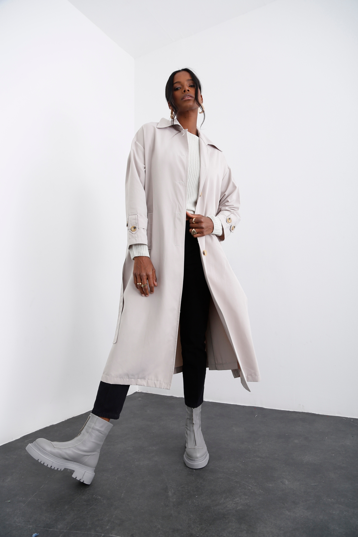 Taş Kendinden Kemerli Trenchcoat 16021