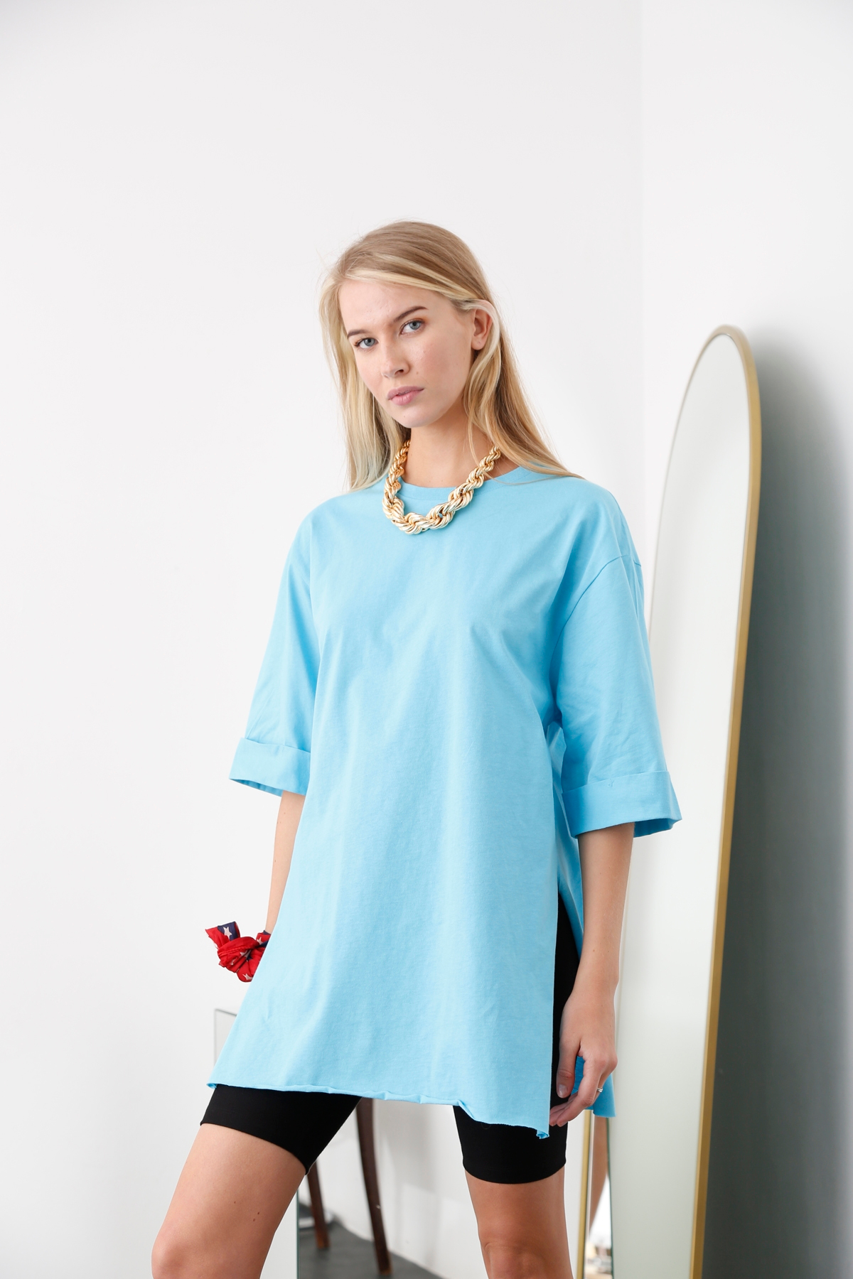Turkuaz Yırtmaçlı Boyfriend Tshirt 3285