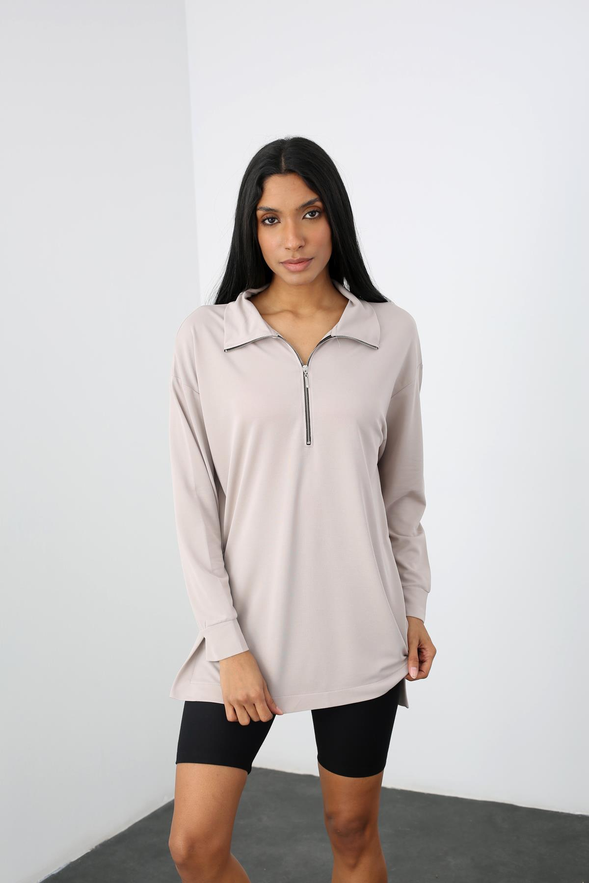 Vizon Fermuarlı Yanı Yırtmaçlı Sweatshirt 