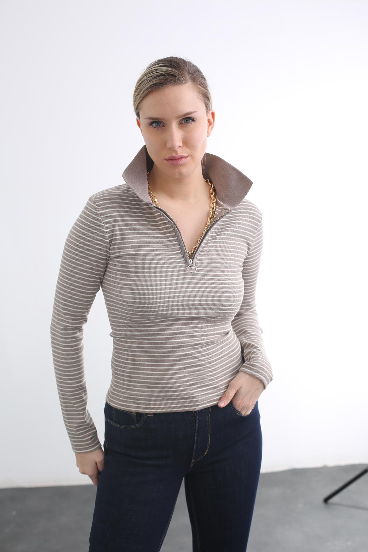 Vizon Polo Yaka Fermuarlı Bluz 4664