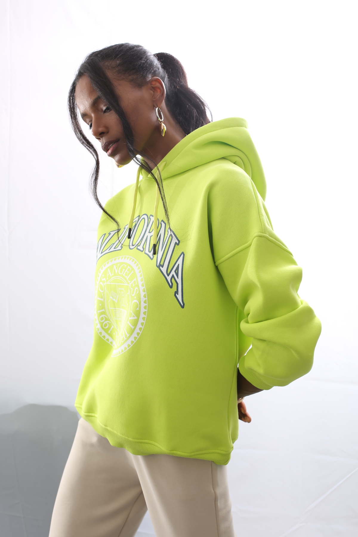 Yeşil California Baskılı Kapüşonlu Sweatshirt 13668