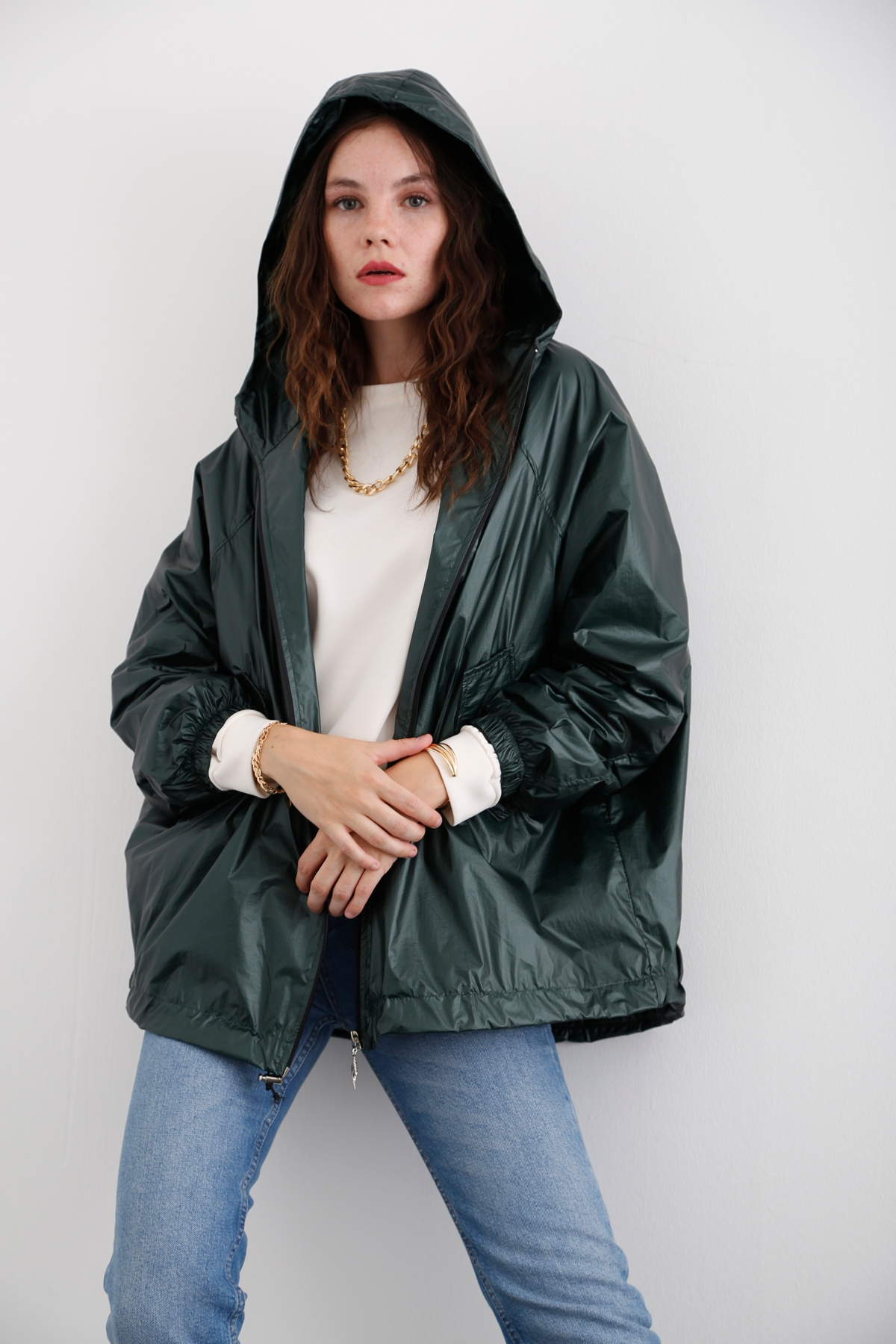 Yeşil Kapüşonlu Oversize Yağmurluk 1007