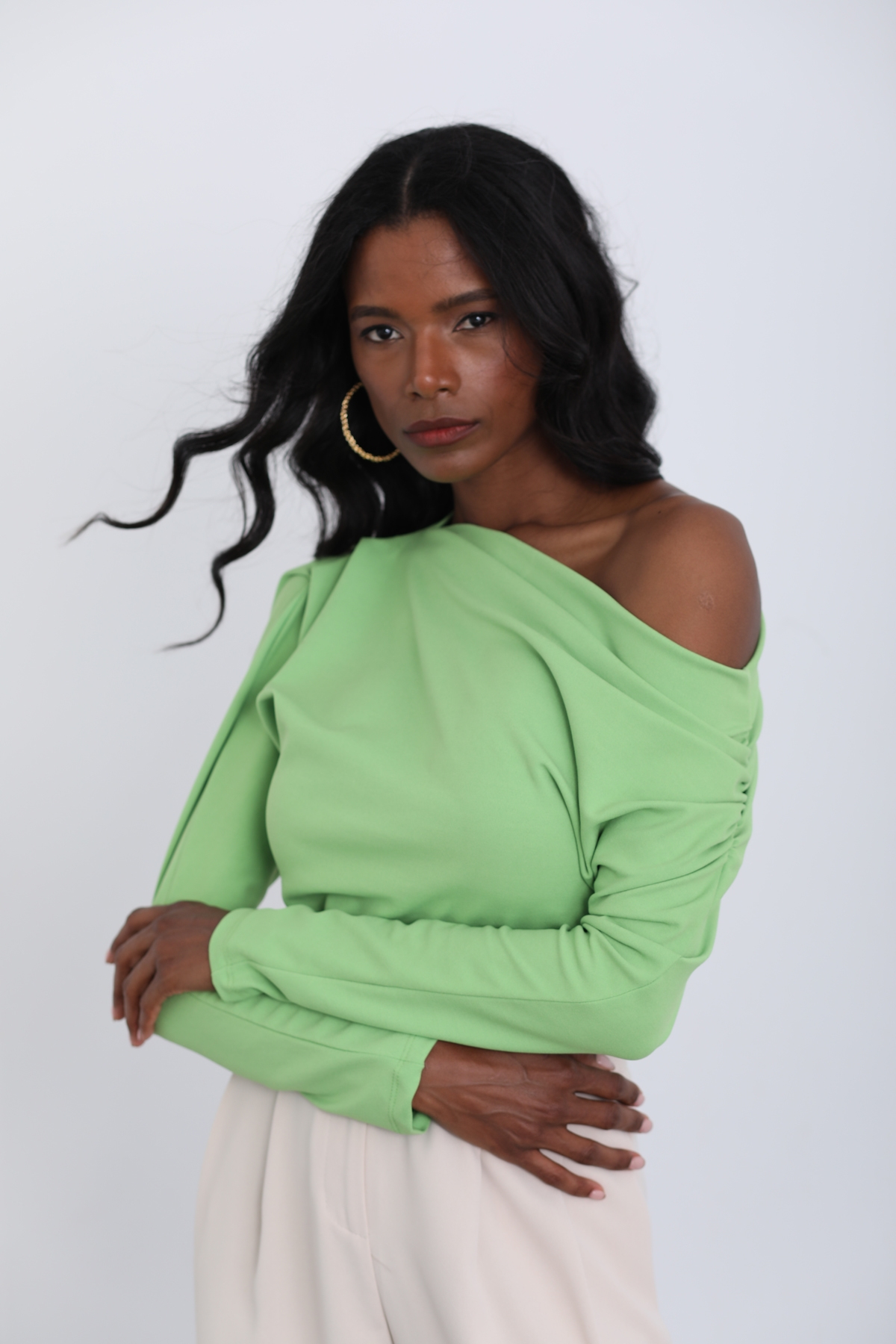 Yeşil Omzu Drape Detaylı Bluz 14161