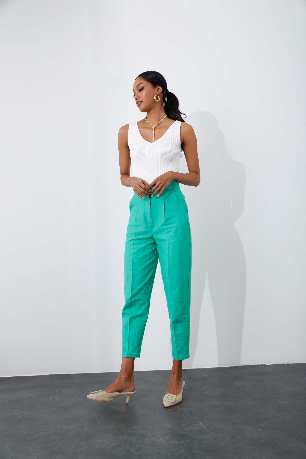 Yeşil Yüksek Bel Havuç Pantolon 50519