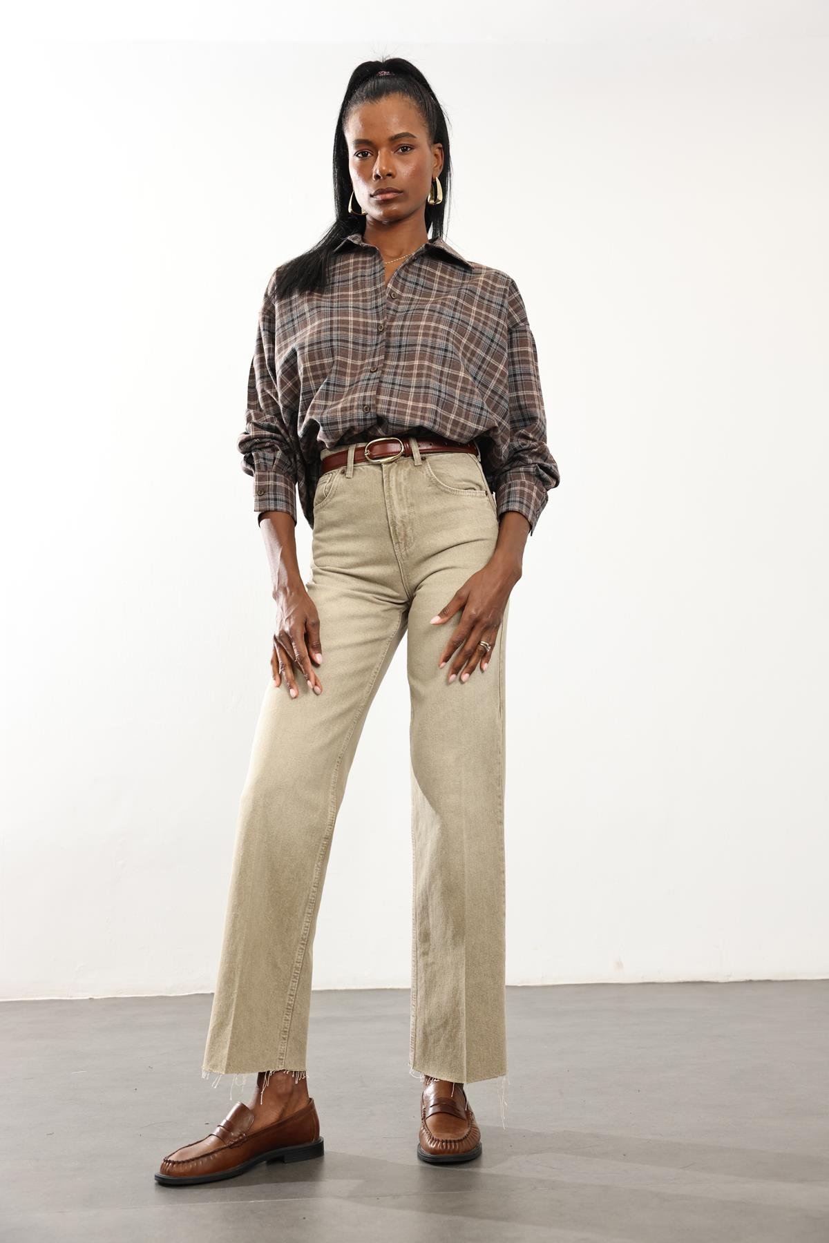 Yıkamalı Haki Yüksek Bel Straight Jean 