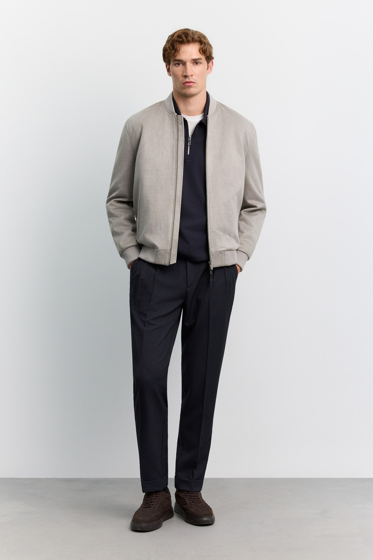 Light Grey Faux Suede Bomber Jacket