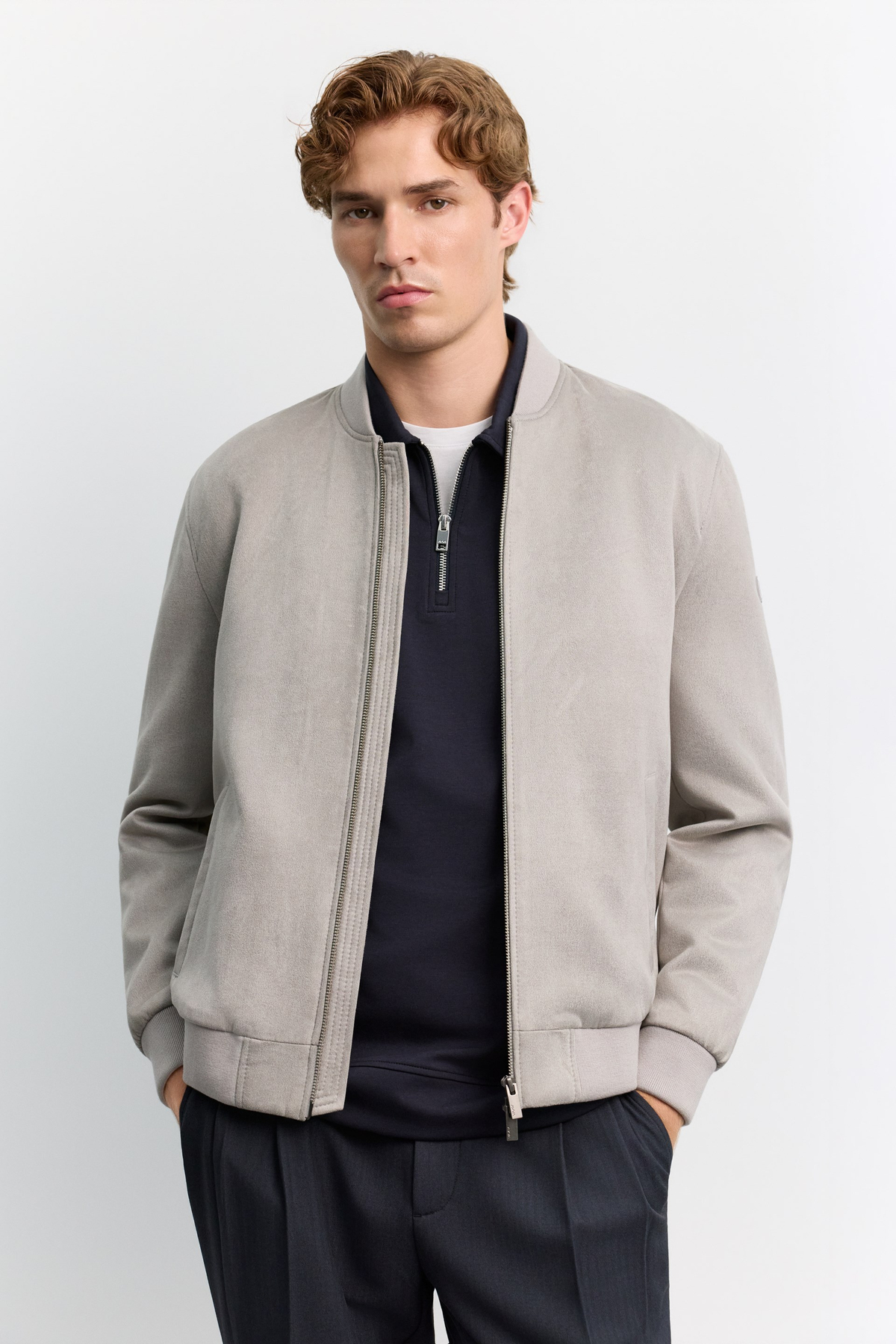 Light Grey Faux Suede Bomber Jacket