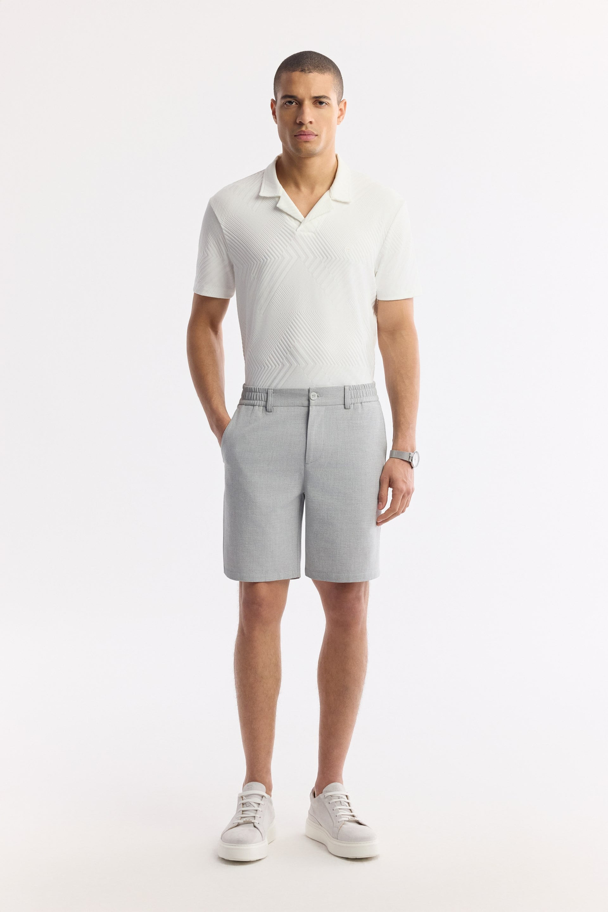 Light Grey Side Elastic Textured Bi-Stretch Chino Shorts