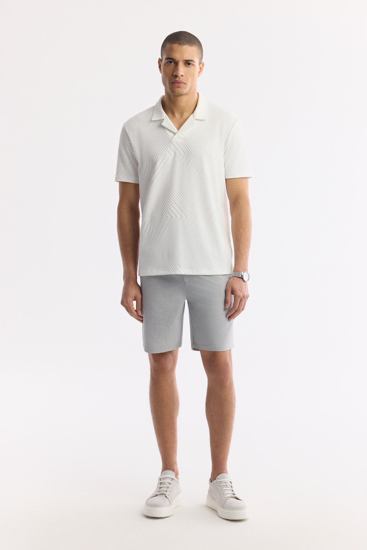 Light Grey Side Elastic Textured Bi-Stretch Chino Shorts