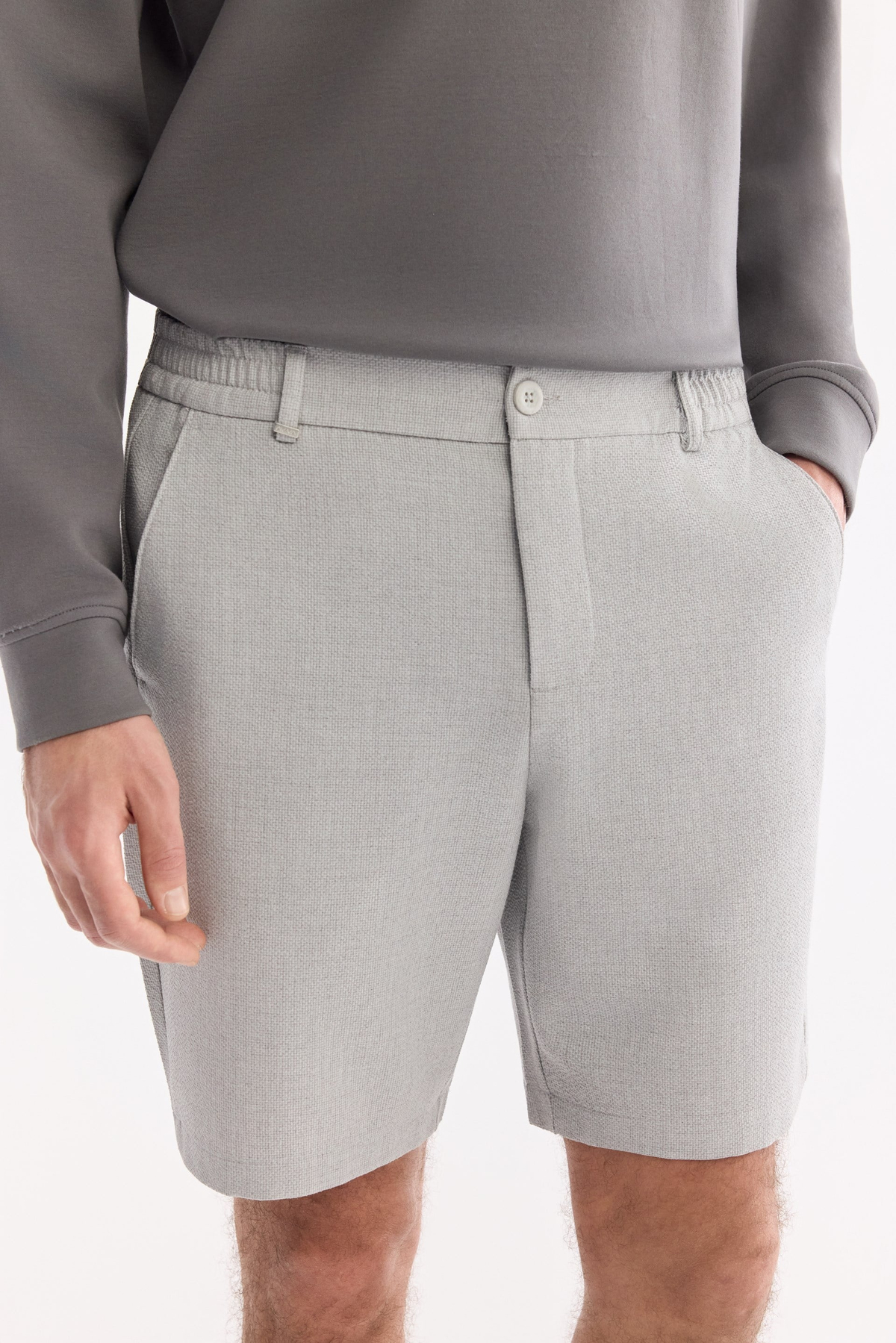Açık Gri Yanı Lastikli Gofreli Relaxed Fit Chino Şort