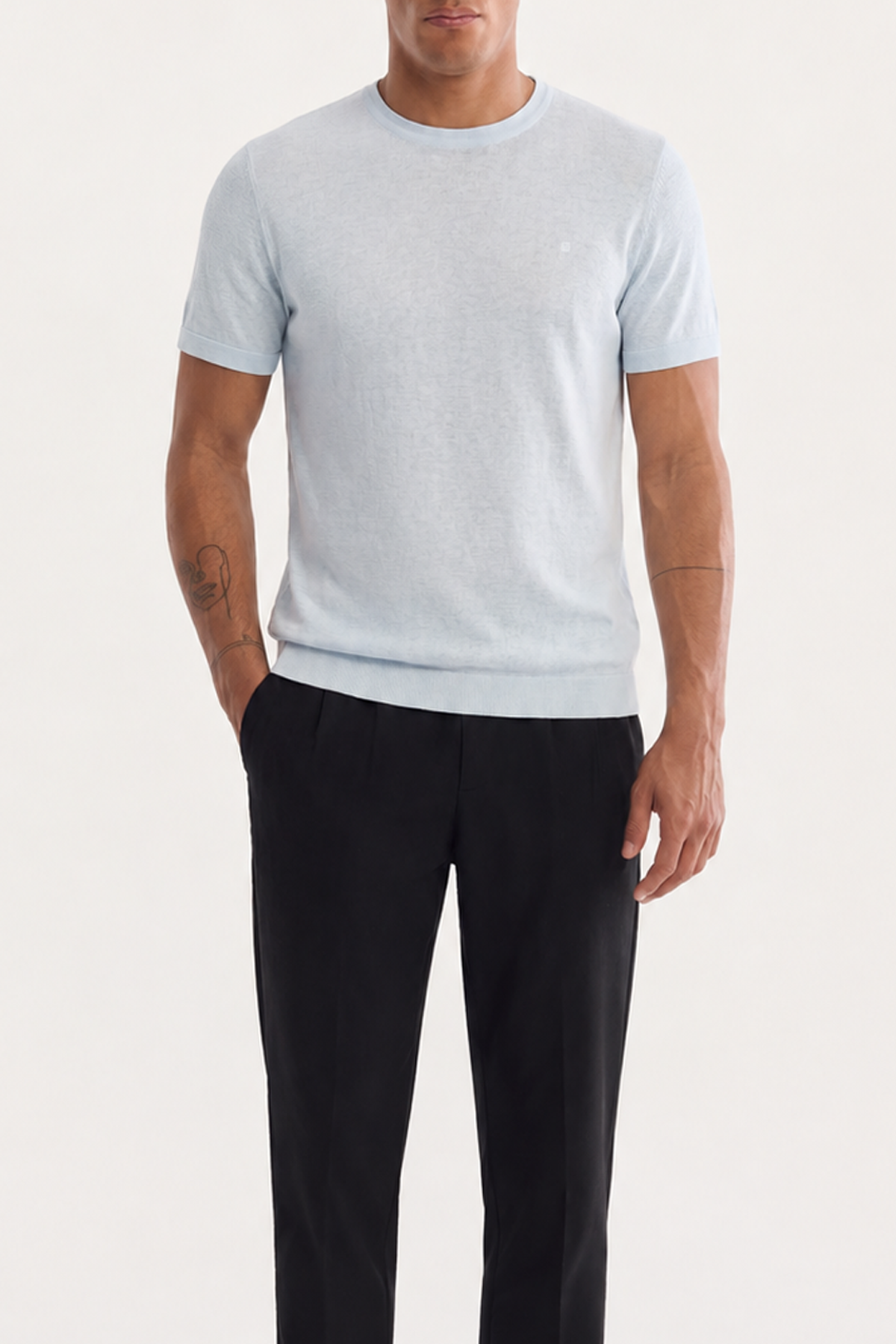 Açık Mavi Bisiklet Yaka Triko T-Shirt 