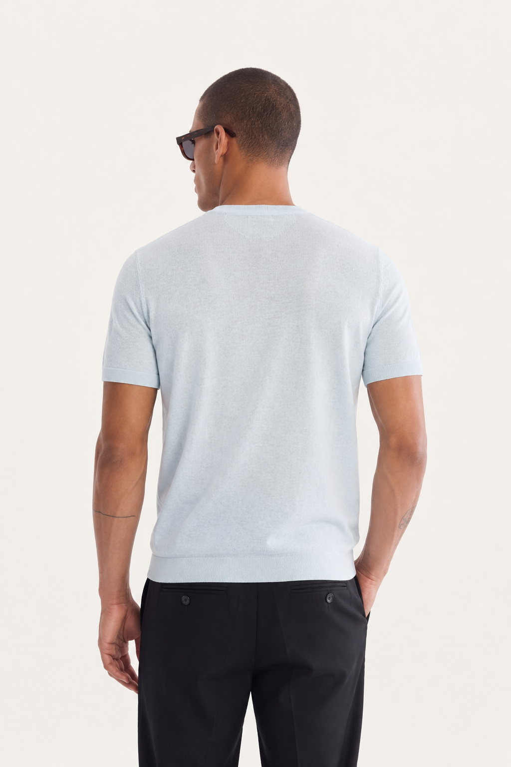 Açık Mavi Bisiklet Yaka Triko T-Shirt 
