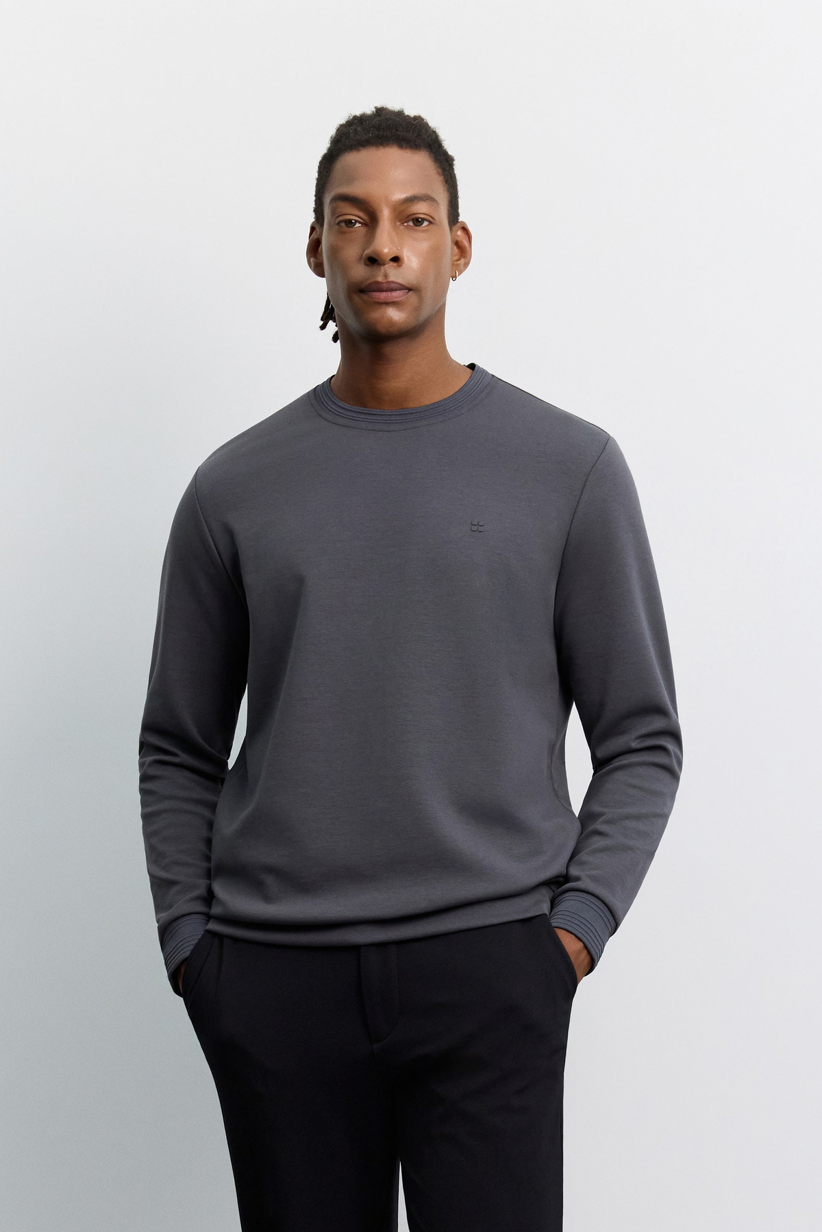 Antrasit Bisiklet Yaka Fitil Ribana İnterlok  Sweatshirt