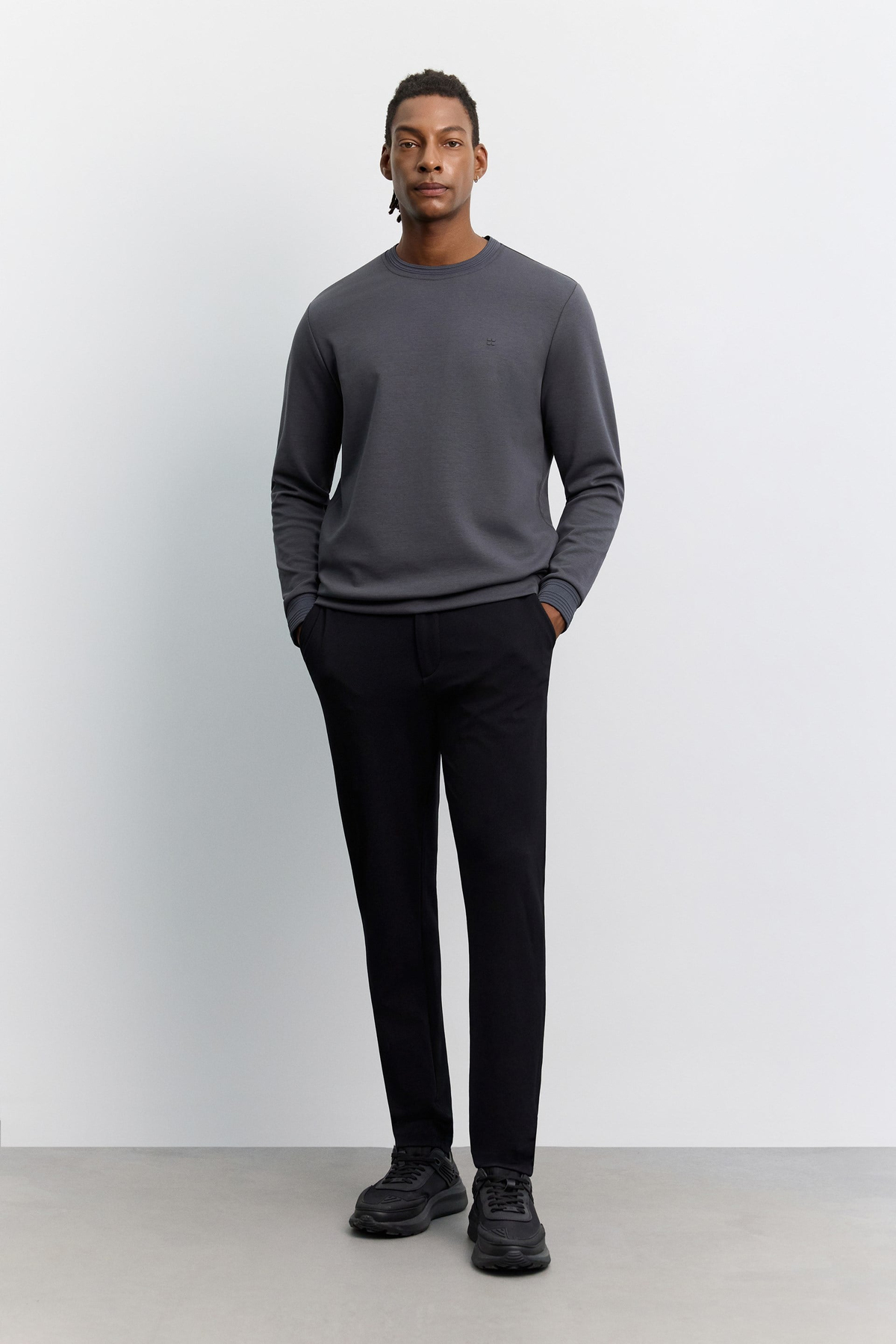 Antrasit Bisiklet Yaka Fitil Ribana İnterlok  Sweatshirt